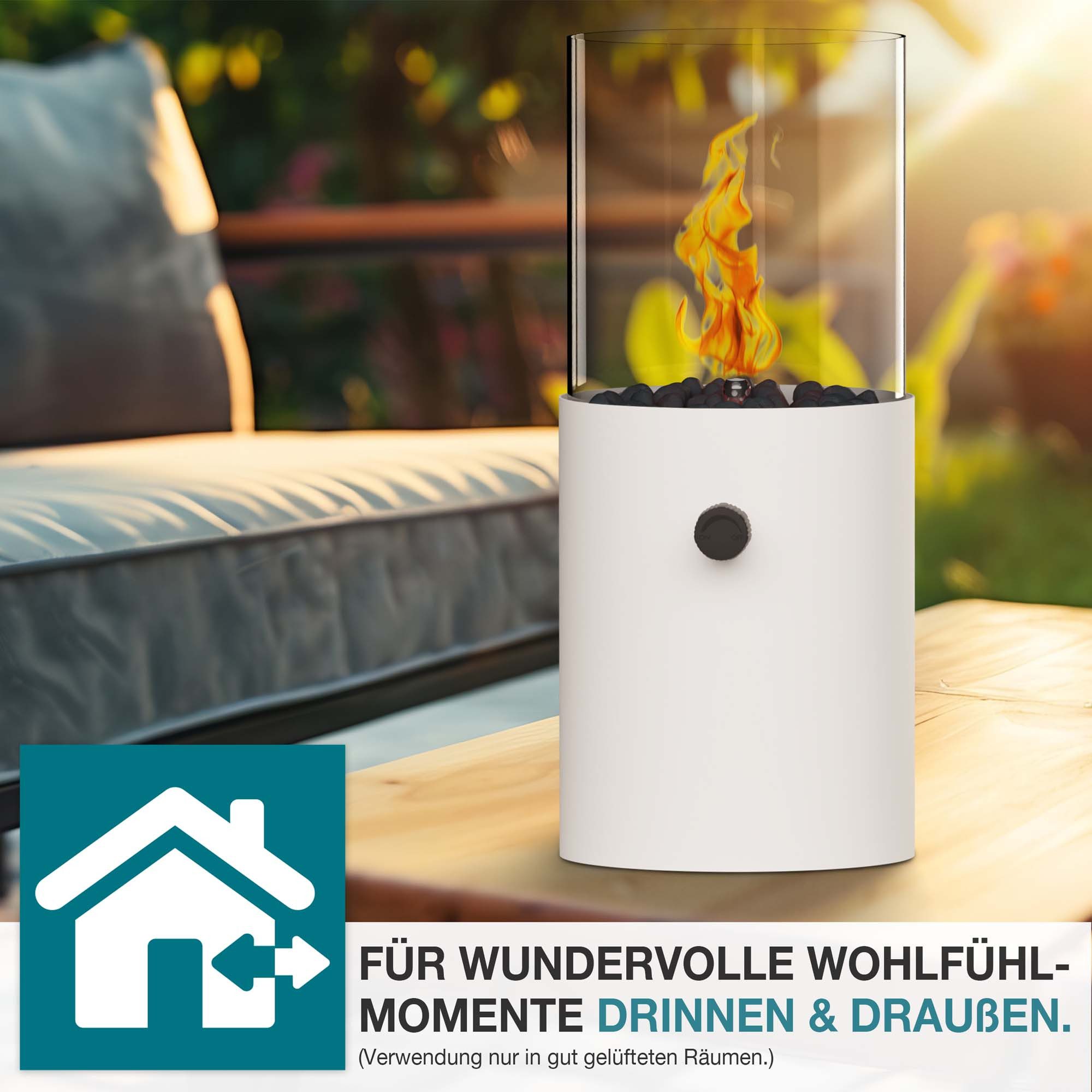TOM Tischfeuer Tischkamin mit Gas mit 3x 190g Gas-Kartuschen, 12h Brenndauer, Dekosteine, Rund, Outdoor, Indoor