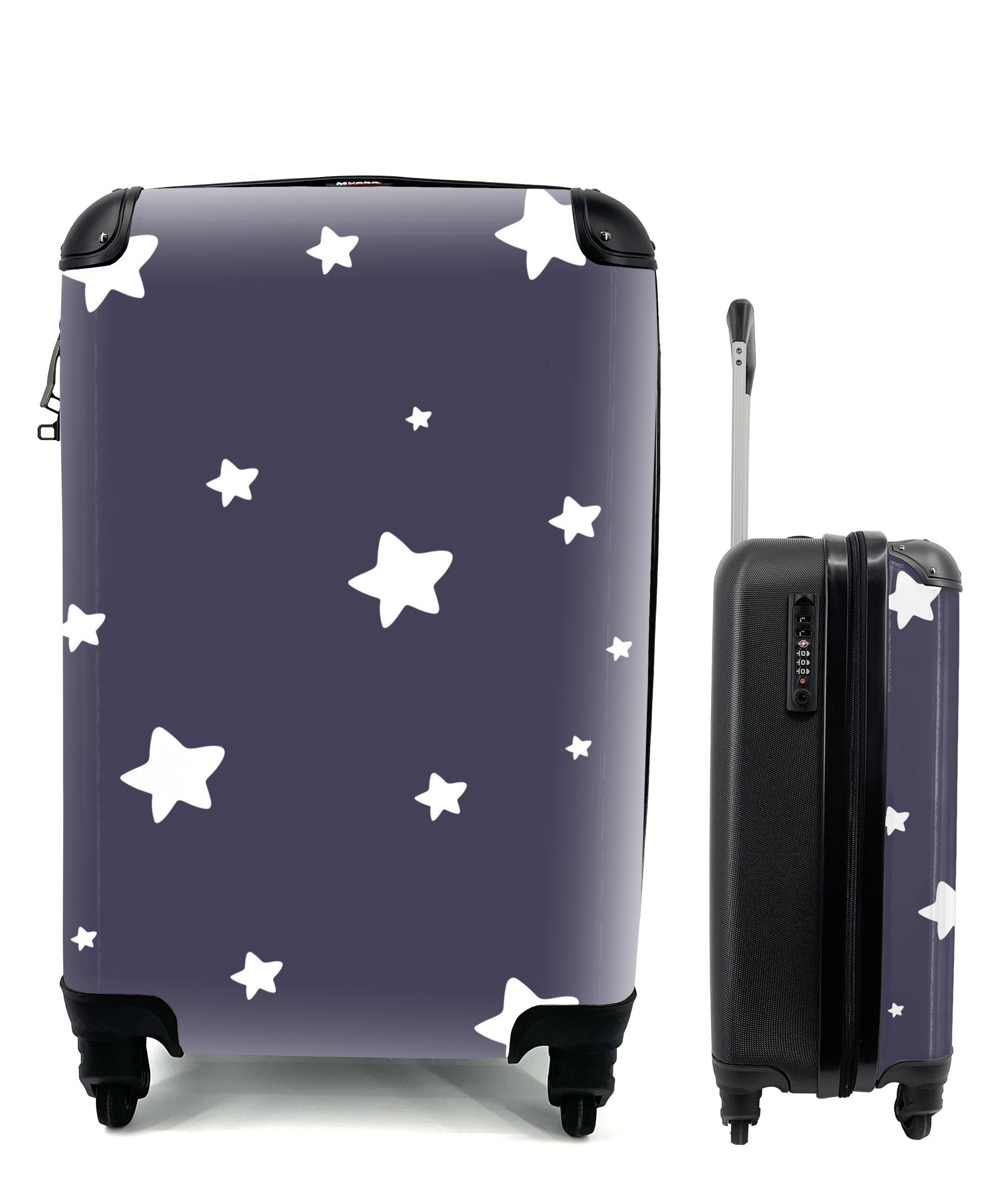 MuchoWow Handgepäckkoffer Illustration mit einem Muster aus weißen Sternen auf einem, 4 Rollen, Reisetasche mit rollen, Handgepäck für Ferien, Trolley, Reisekoffer