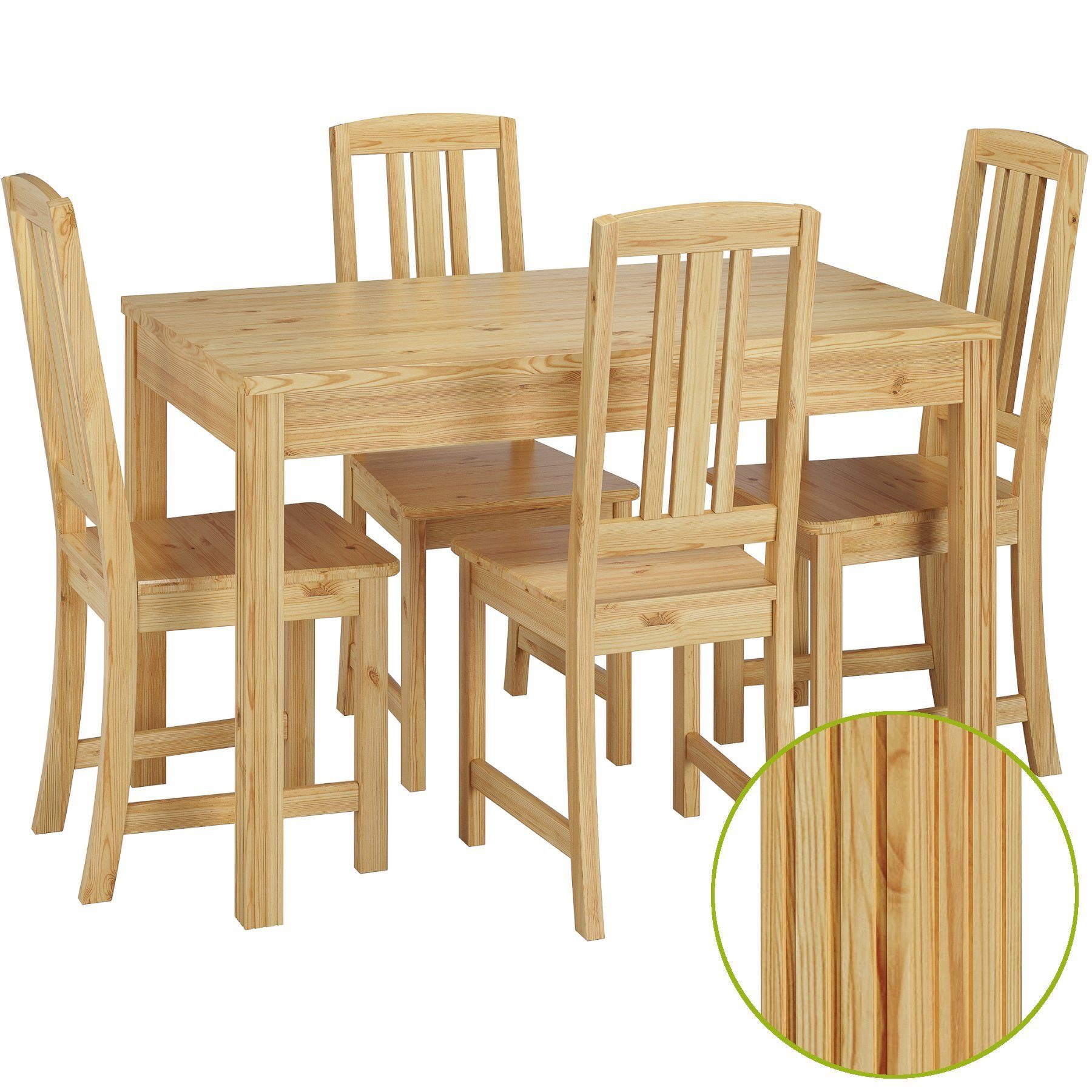 ERST-HOLZ Essgruppe Stilvolle Essgruppe mit Tisch und 4 Stühle in Kiefer Massivholz natur