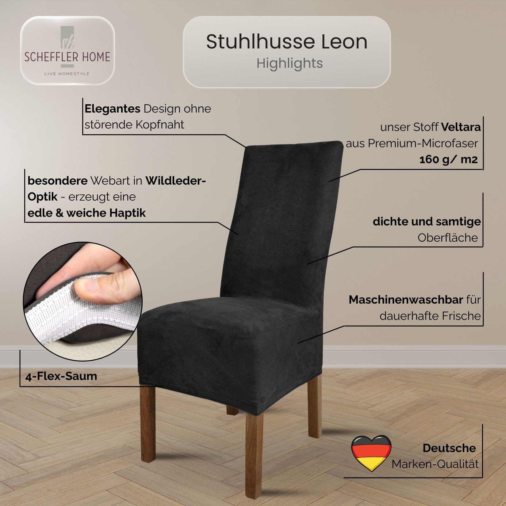 sh SCHEFFLER-HOME LIVE HOMESTYLE Stuhlhusse Leon Stoff Veltara, Premium-Microfaser Veltara in edler Wildleder-Optik