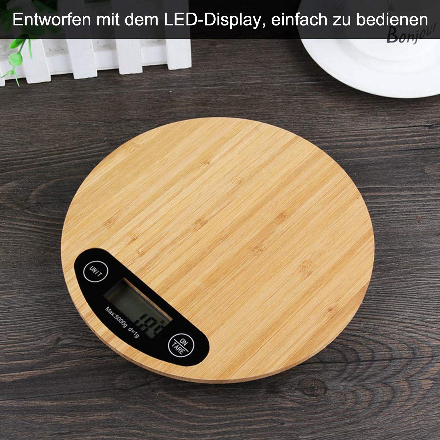 MODFU Küchenwaage Digitalwaage Digital Kaffeewaage Küchenwaagen Lebensmittelwaage 5 KG, (Backen Kochen Kaffee Waage Bambus Wiegefläche LCD-Display 2x Batterien, 1-tlg., Espressowaage mit Sensorberührung Tara Funktion hohe Präzision bis 1g), Rund 20cm Haushaltswaage Briefwaage Küchen Lebensmittel Cafés Kaffee