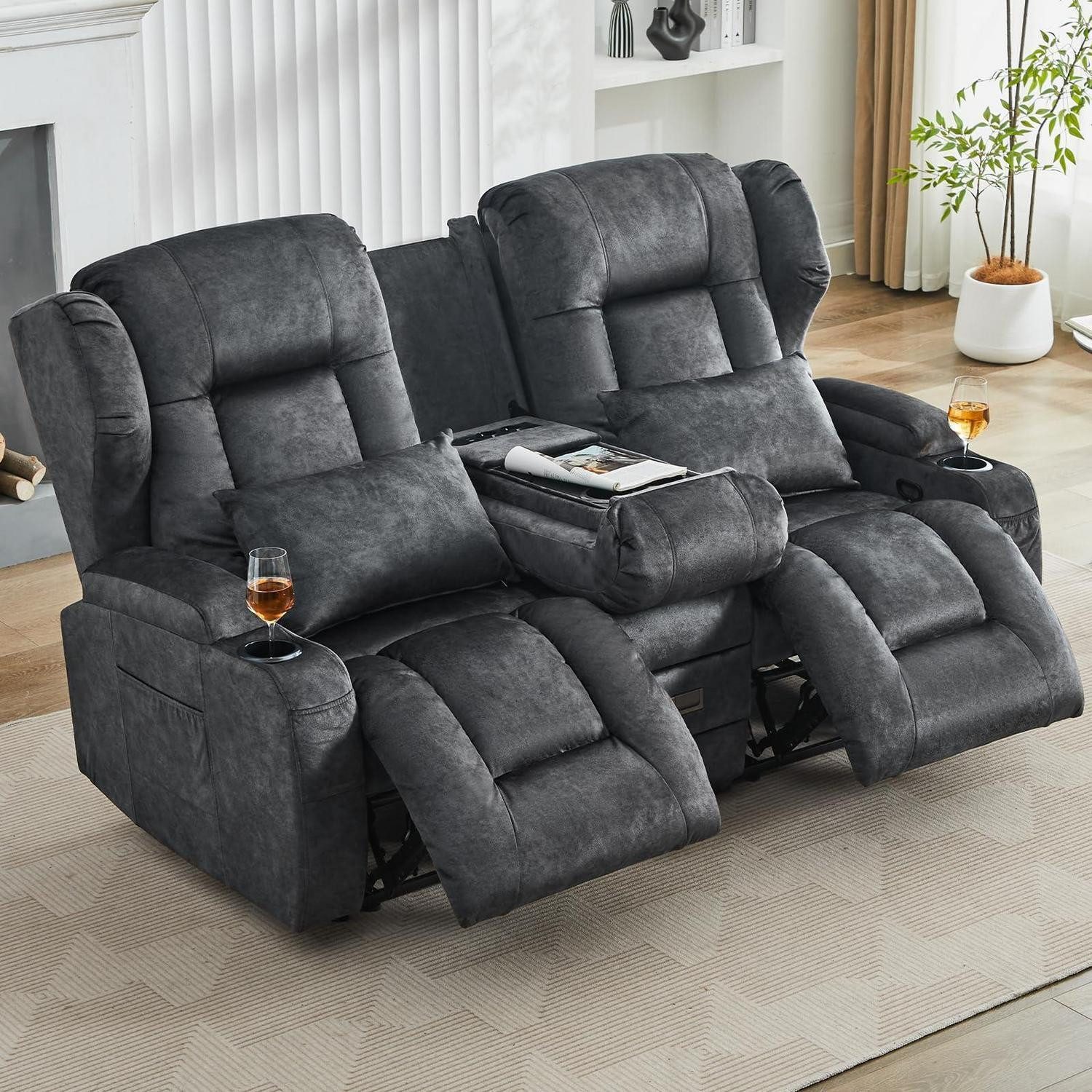 LuxusKollektion TV-Sessel Relaxsessel 2 Sitzer Fernsehsessel Grau (Samtstoff) 172cm Zweisitzer