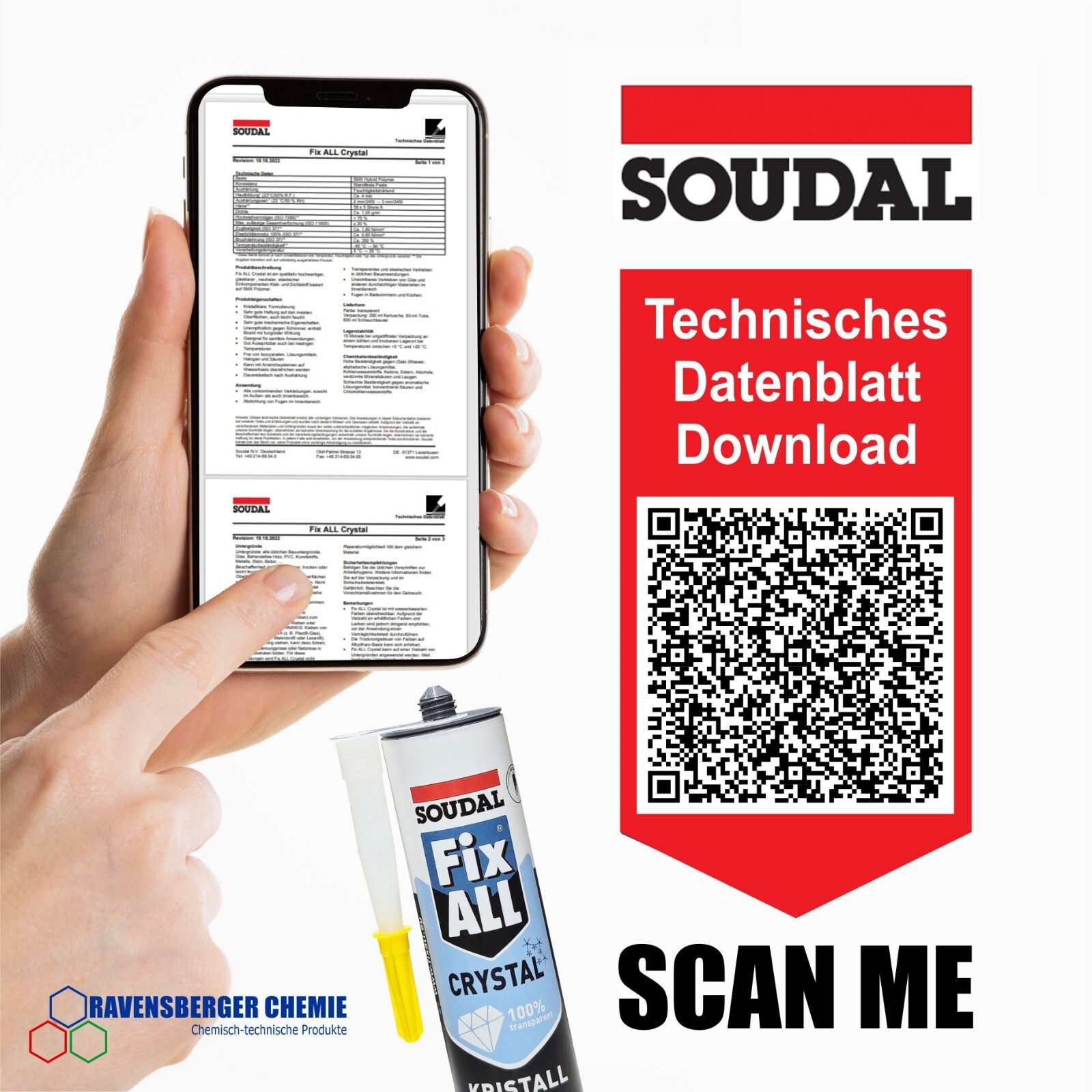 SOUDAL Montagekleber Fix ALL Crystal 300 g transparent - Hybrid Kleb- und Dichtstoff, Transparenter Hybridkleber für flexible Verklebungen