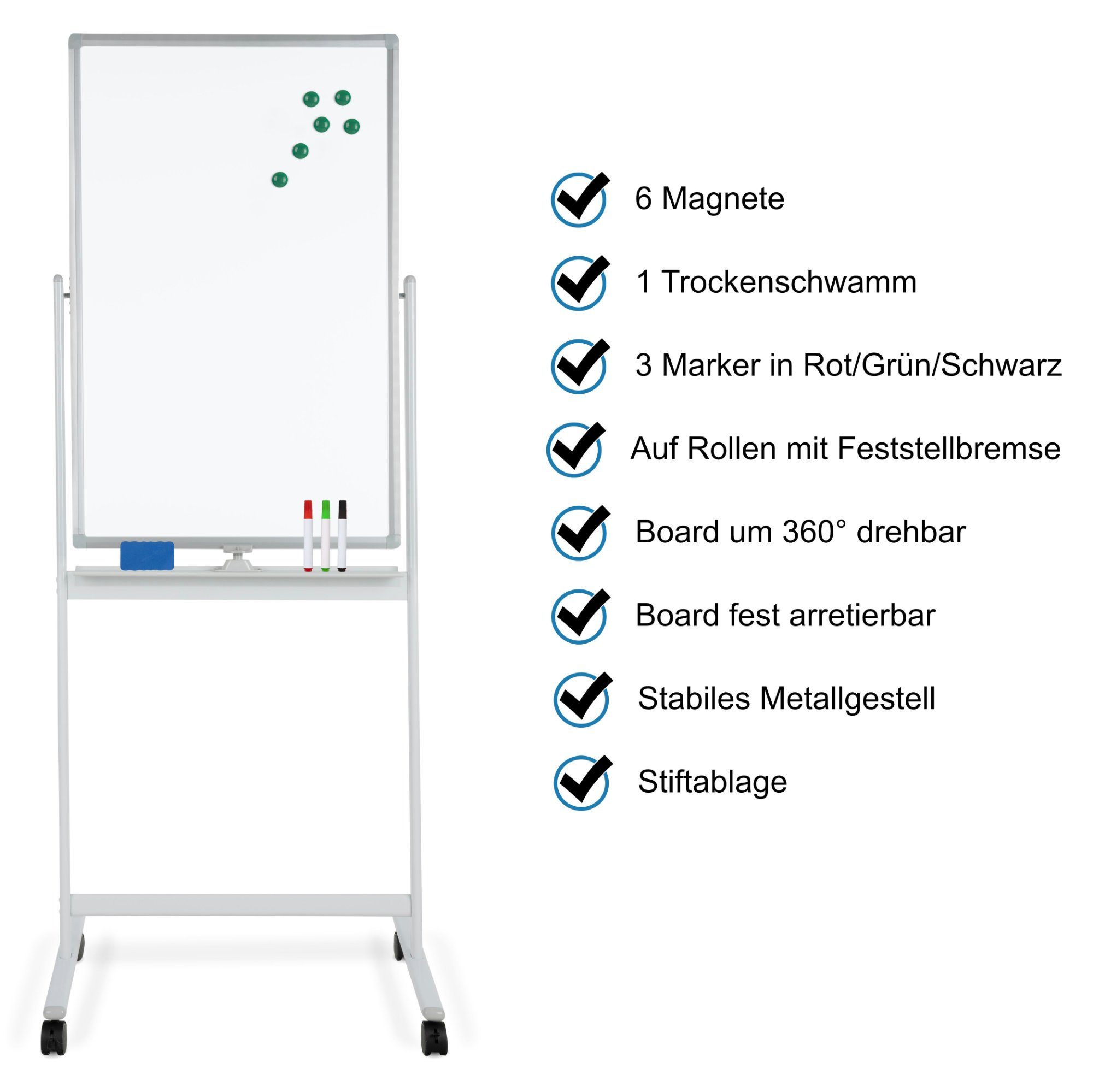 Pronomic Memoboard WB-6090 Whiteboard, (inkl. Markern, Magneten, Trockenlösch-Schwamm und Montagematerial), Magnetisches, drehbares Schreibboard im Hochformat
