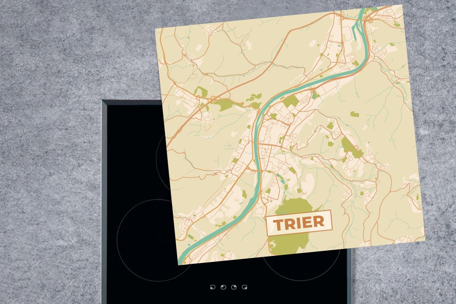 - für Stadtplan, Herdblende-/Abdeckplatte (1 MuchoWow 78x78 - Jahrgang Arbeitsplatte küche Vinyl, Trier Ceranfeldabdeckung, Karte - cm, tlg),