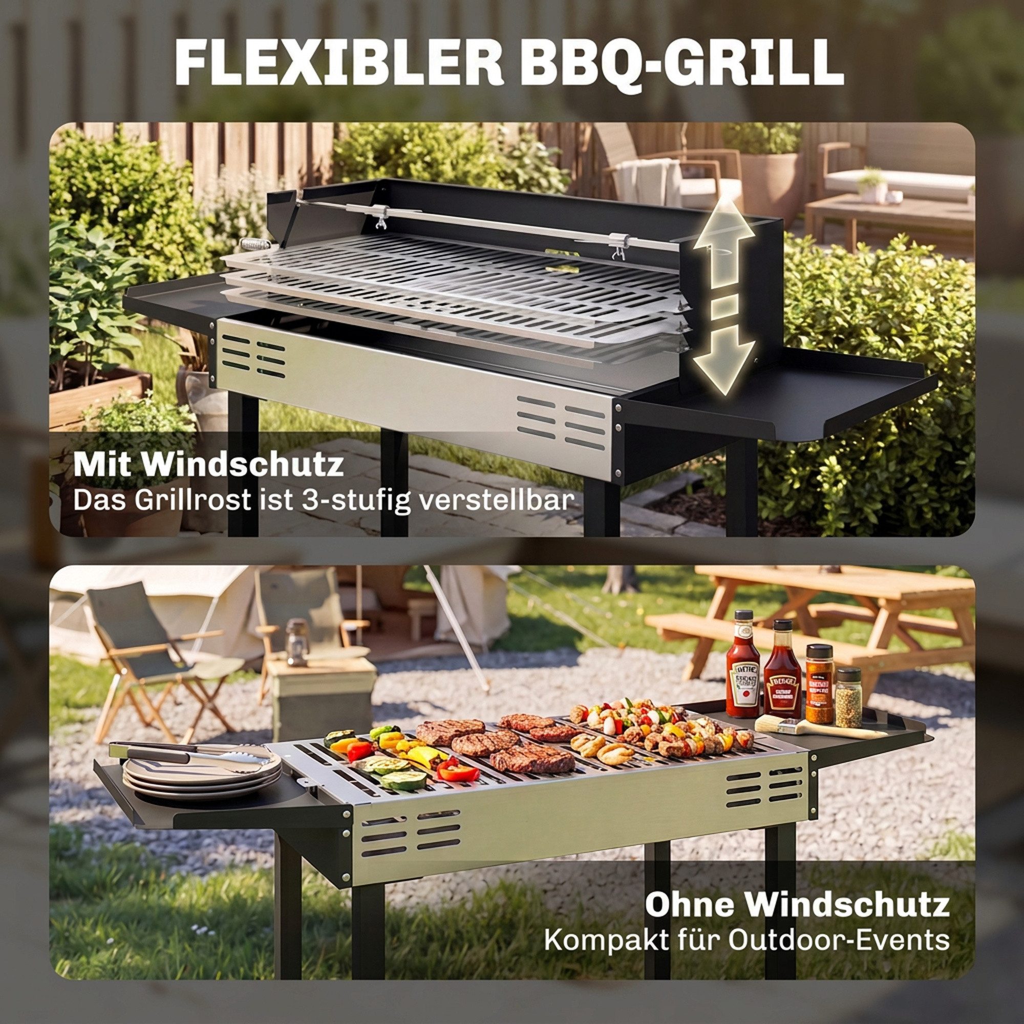 Outsunny Holzkohlegrill Campinggrill klappbar faltbar Garten, Kohlegrill, BBQ Grill, Rostfreier Stahl+Metall Schwarz 118 x 32 x 90 cm – Bild 5 von 5