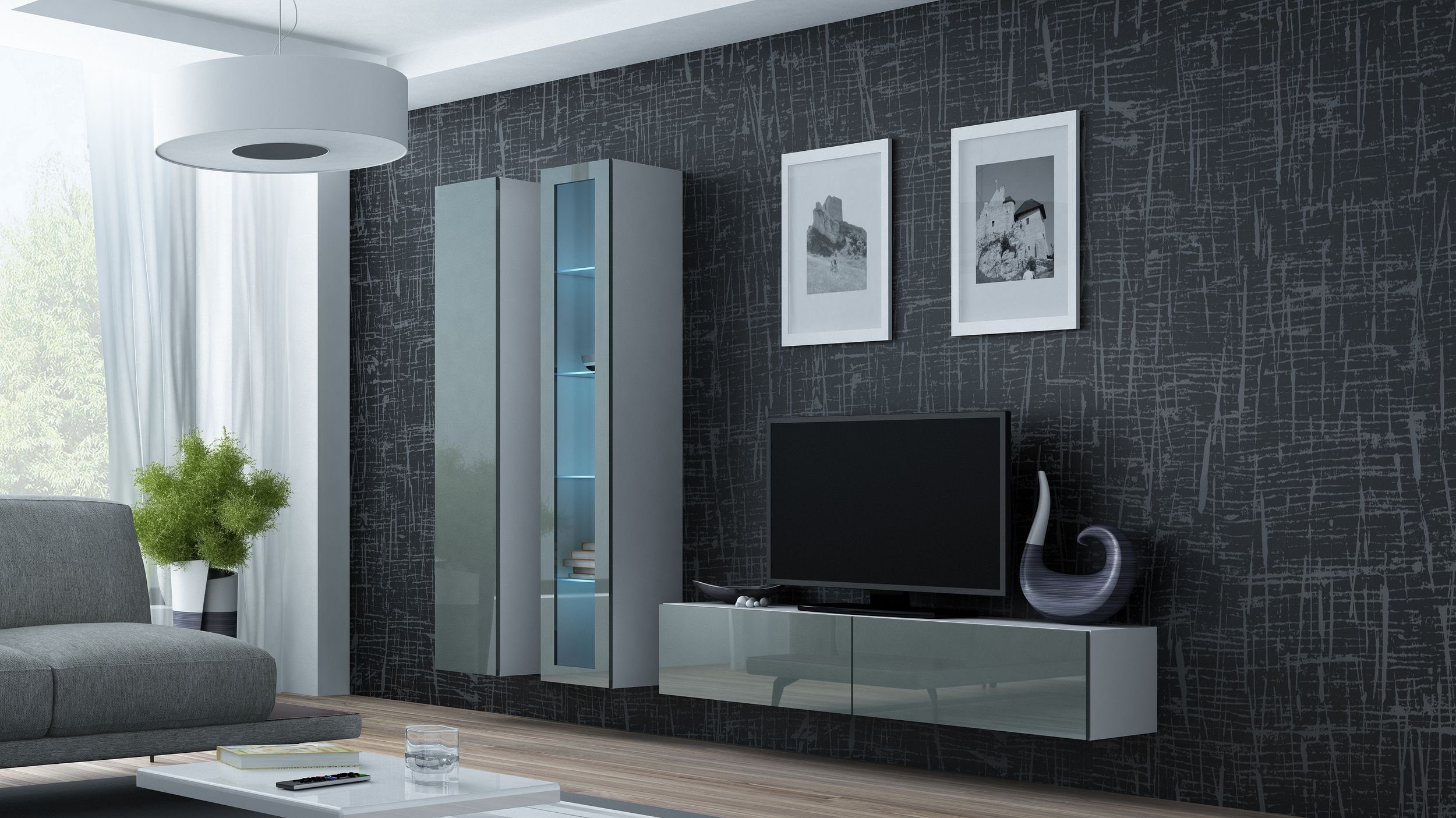 Stylefy Wohnwand Vago X, (Set (3-St), Wohnmöbel, Wohnzimmer-Set), bestehend aus 1xLowboard, 1xHängevitrine und 1xHängeschrank, inkl. LED-Beleuchtung, mit Push-to-Open, Glaselemente Weiß Matt - Grau Hochglanz | Wohnwände
