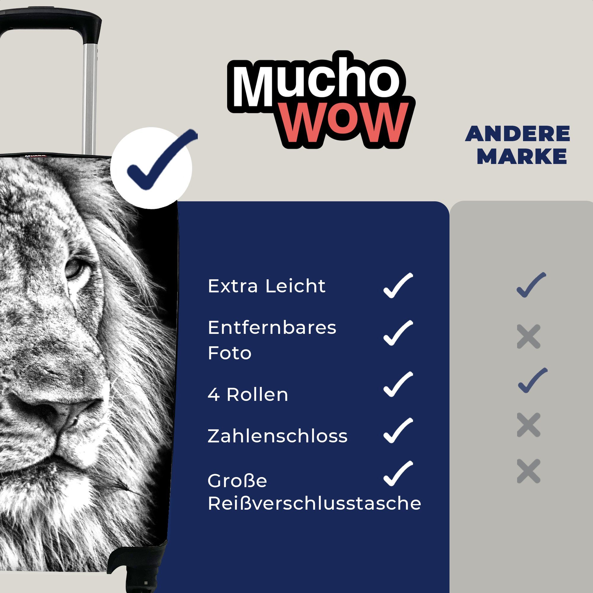 rollen, Reisetasche mit Trolley, und - Schwarz Handgepäck 4 Löwe Porträt MuchoWow - Reisekoffer weiß, für Ferien, Rollen, Handgepäckkoffer