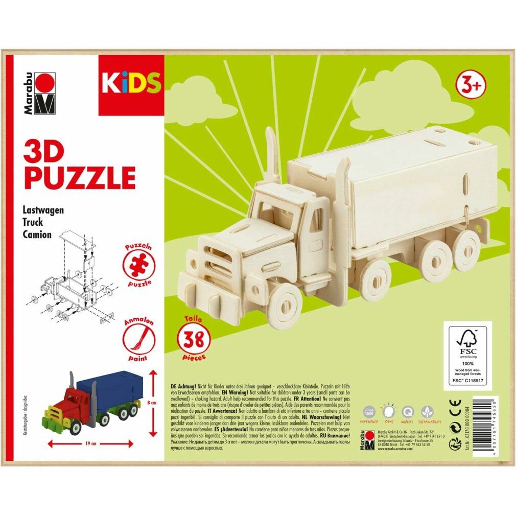 Marabu Puzzle Puzzle Holz 3D KiDS Truck Lastwagen 38Teile zum Ausmalen, Puzzleteile