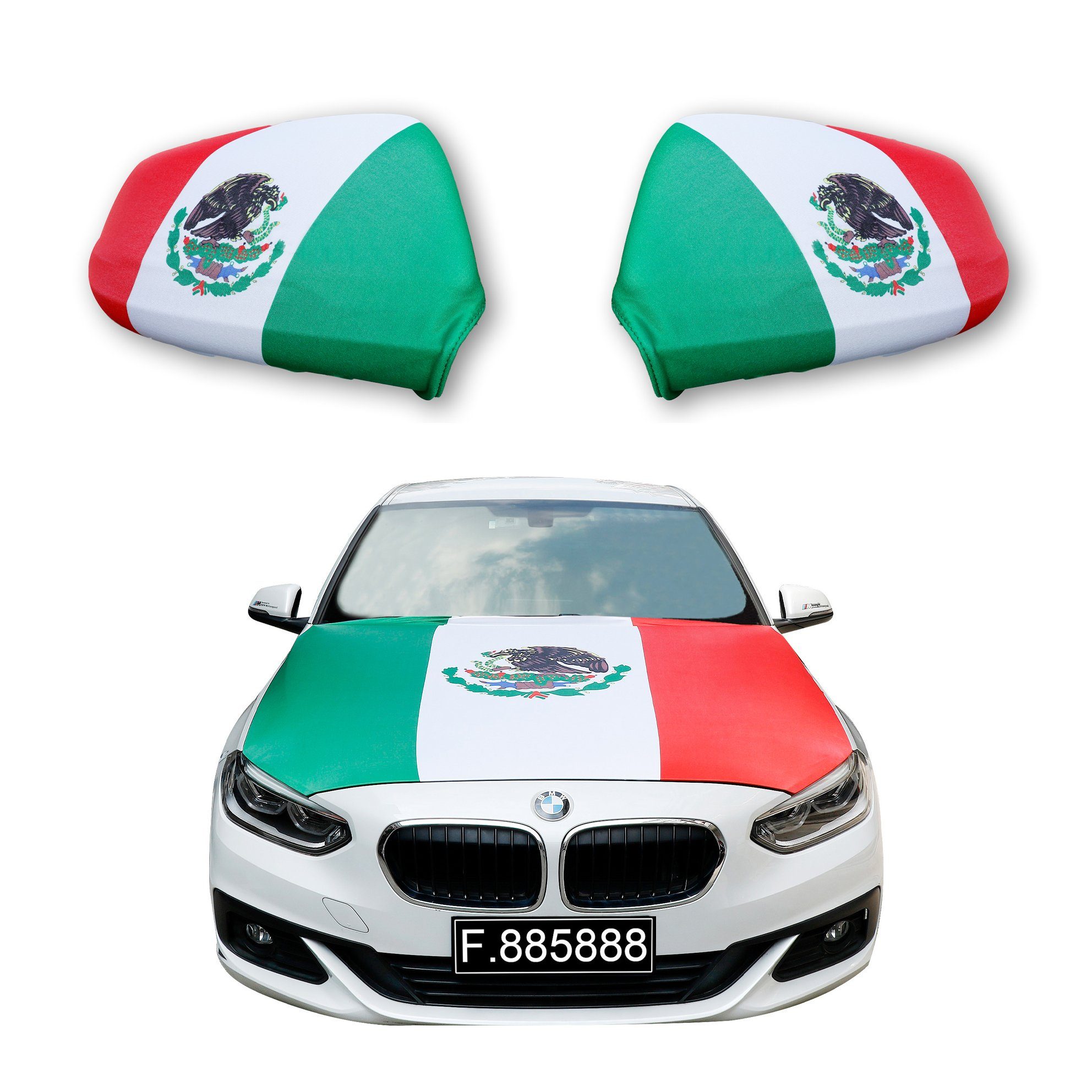 Sonia Originelli Fahne Fanset Auto EM "Mexiko" Fußball Motorhaube Außenspiegel Flagge, für alle gängigen PKW Modelle, Motorhauben Flagge: ca. 115 x 150cm