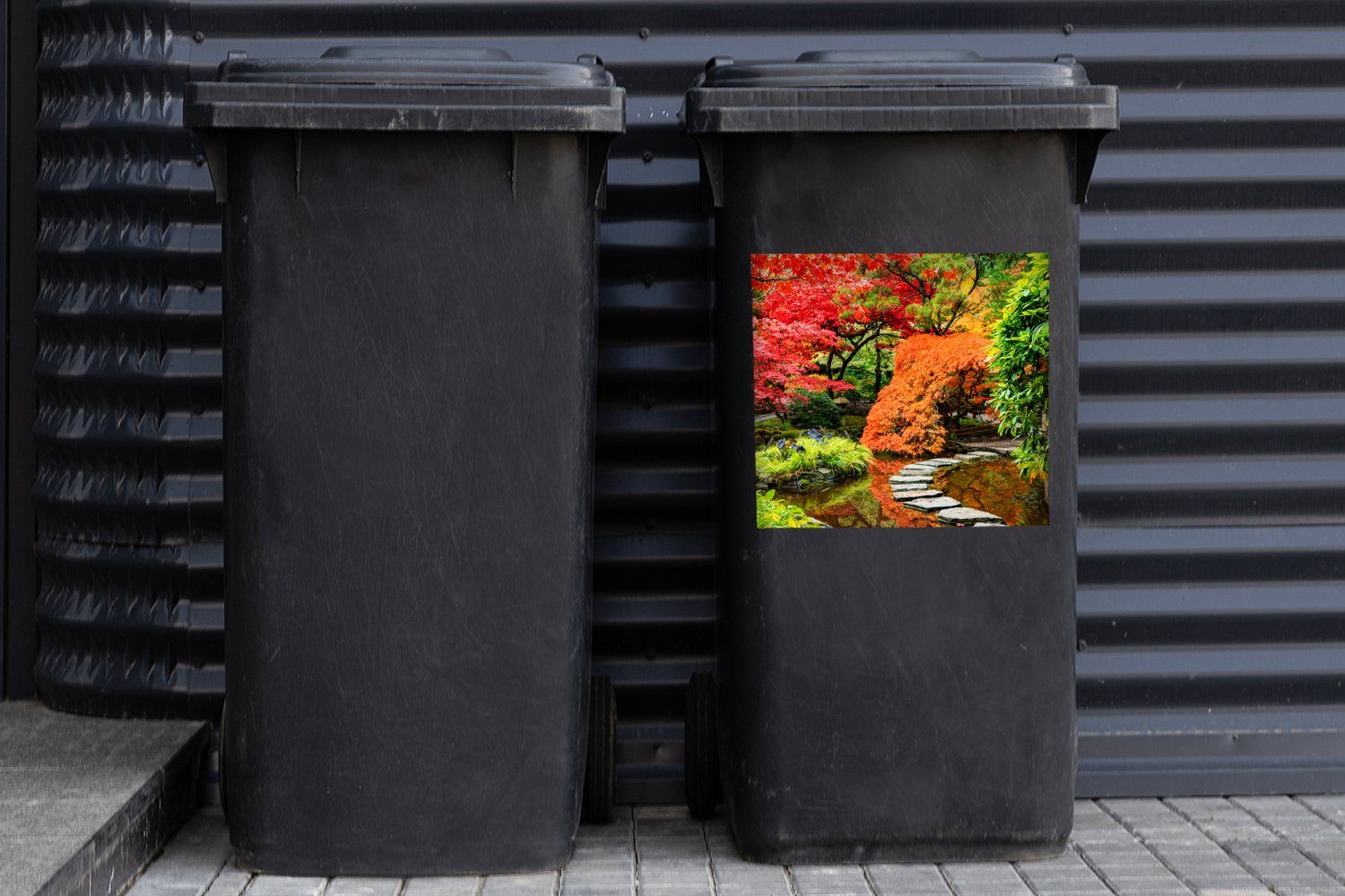 Steine - Weg MuchoWow Mülleimer-aufkleber, Wandsticker - Mülltonne, - - St), Sticker, Container, Abfalbehälter Natur Bäume Japanisch (1