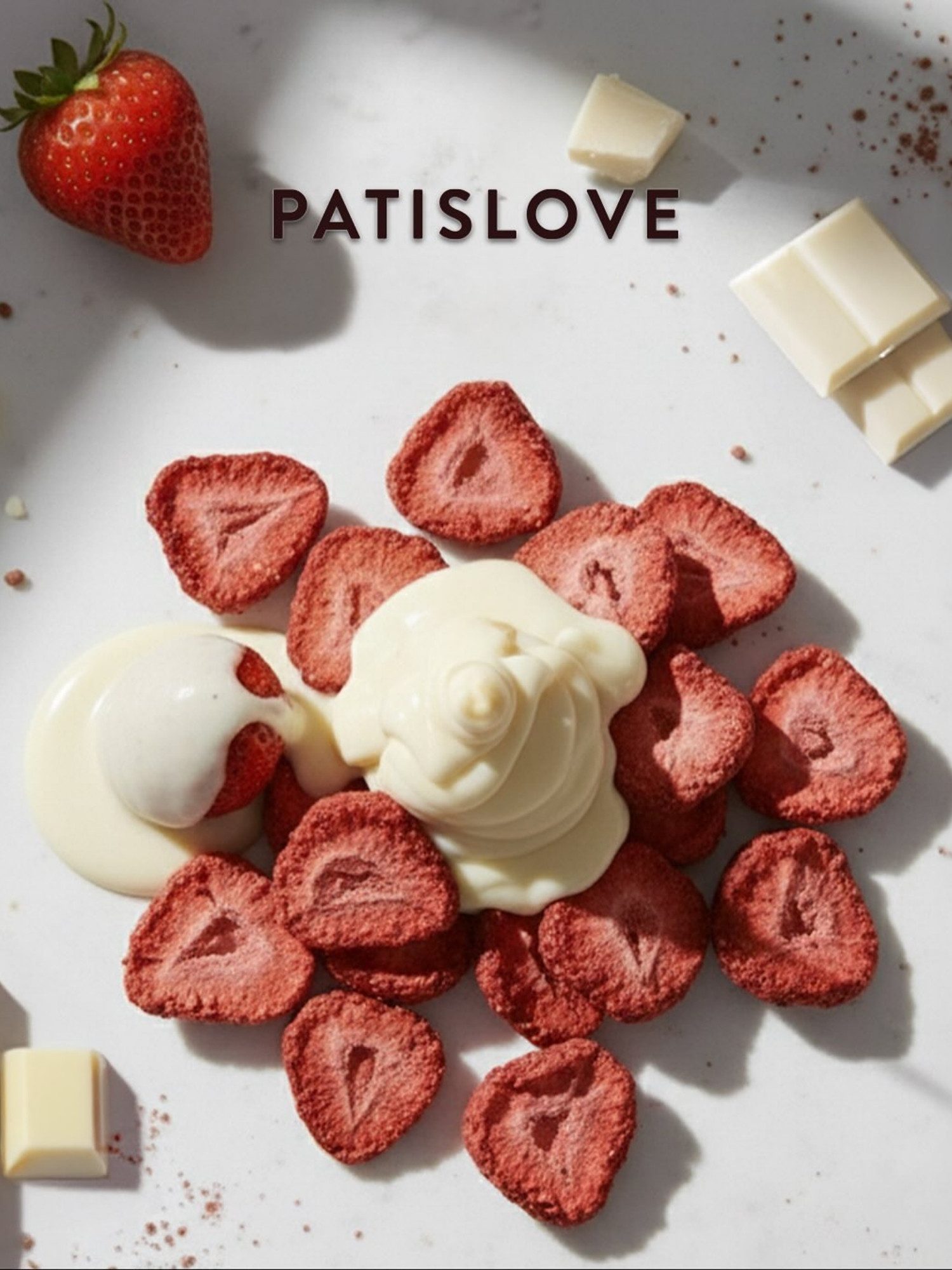 PATISLOVE Schokolade Patislove Gefriergetrocknete Erdbeeren in Weißer Schokolade, 80g, 88% Weiße Schokolade, Ganze gefriergetrocknete Erdbeeren