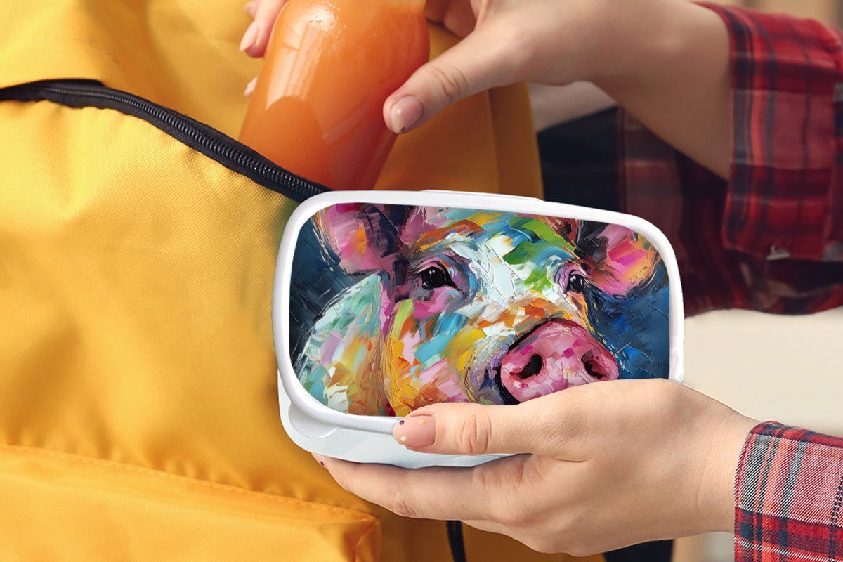 MuchoWow Lunchbox Schwein - Brotdose, - Tiere und Kinder Mädchen Ölfarbe Kunst, Kunststoff, (2-tlg), - und für Brotbox für Jungs weiß Erwachsene