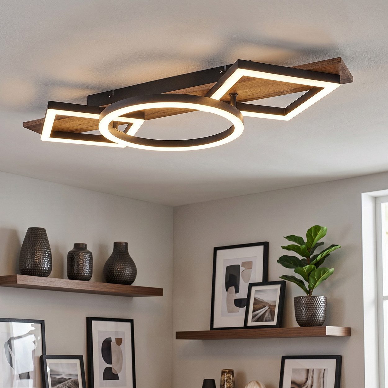 hofstein Deckenleuchte Deckenlampe aus Metall/MDF/Kunststoff in Schwarz/Holzoptik/Weiß, ohne Leuchtmittel, moderne Deckenleuchte, 24 Watt, 3000 Kelvin