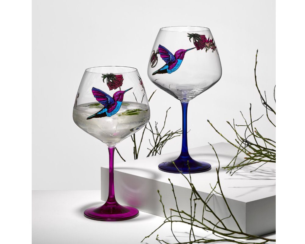 Crystalex Cocktailglas Gin & Tonic Flying Gems Kristallglas 580 ml in blau und rosa 2er Set, 2-tlg., Kristallglas, Cocktailgläser, Kolibri
