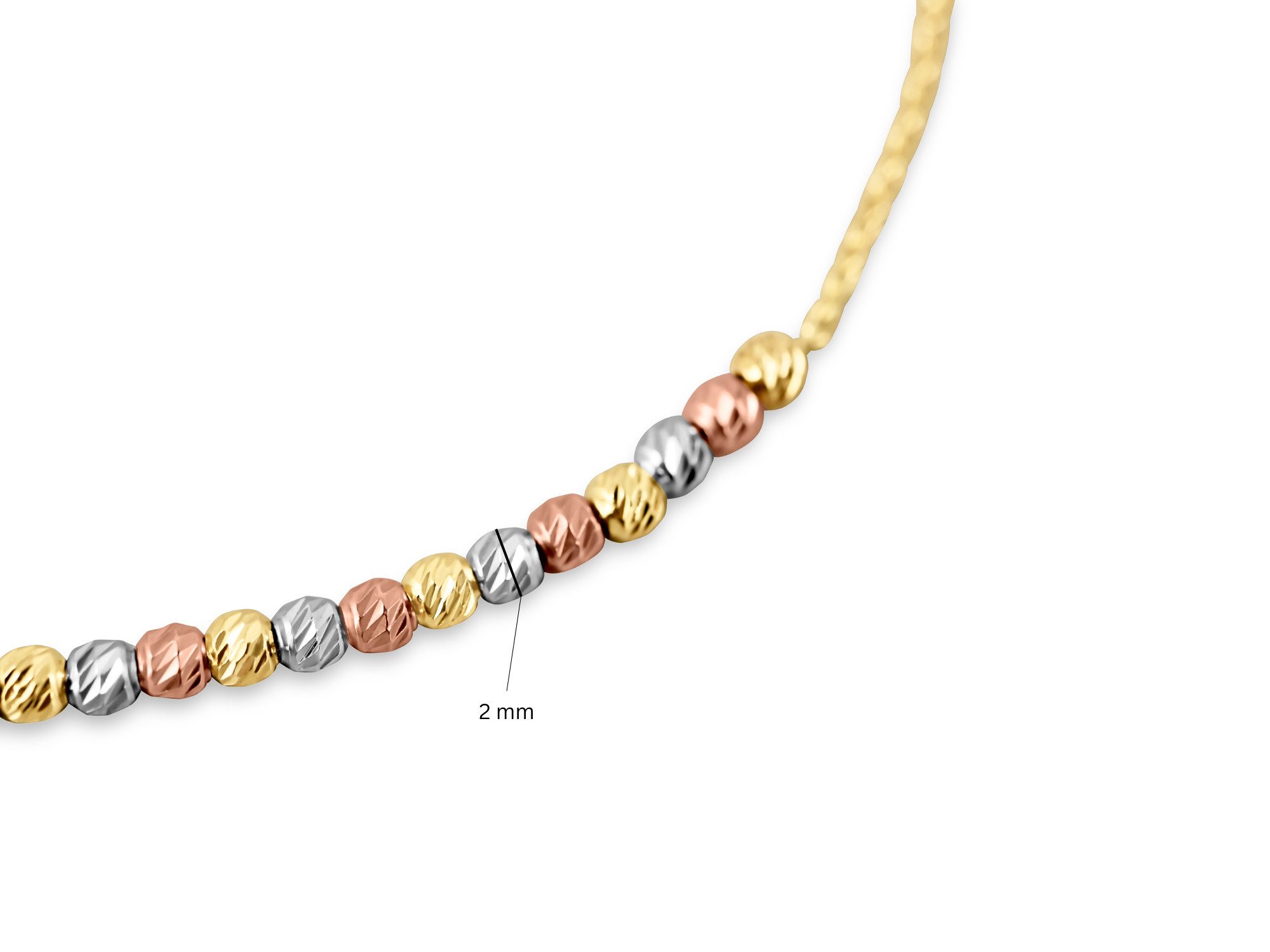 Antares Gold Goldarmband Tricolor Kugelarmband 14K Gold – 18+2 cm, 2 mm, Silber/Rosé/Gold, hochglanzpoliert, eleganter Karabinerverschluss, edle Geschenkbox