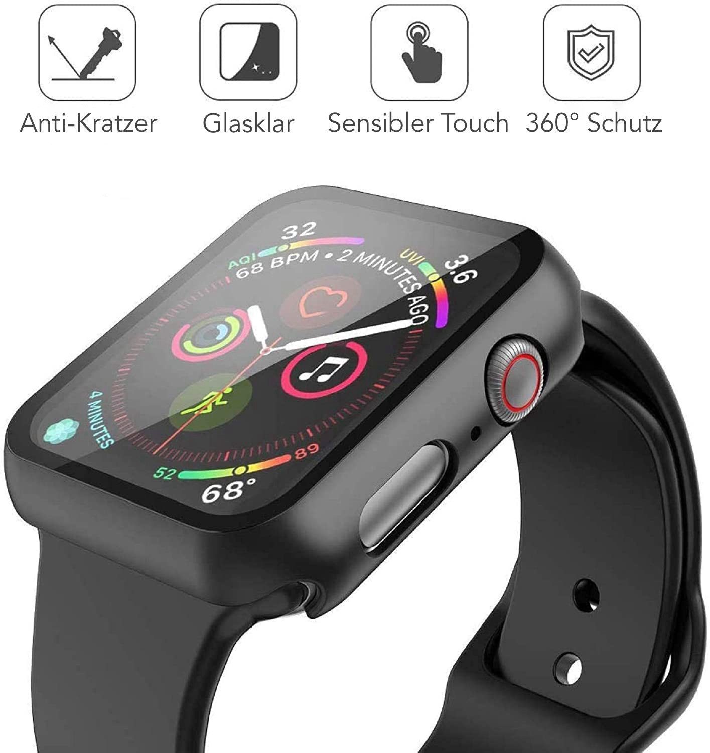 AVANA Smartwatch-Hülle für Apple Watch Series 6 5 4 SE 40mm / 44mm Hülle Schutzhülle Case 360, Full-Cover, Glas Displayschutz, Schwarz