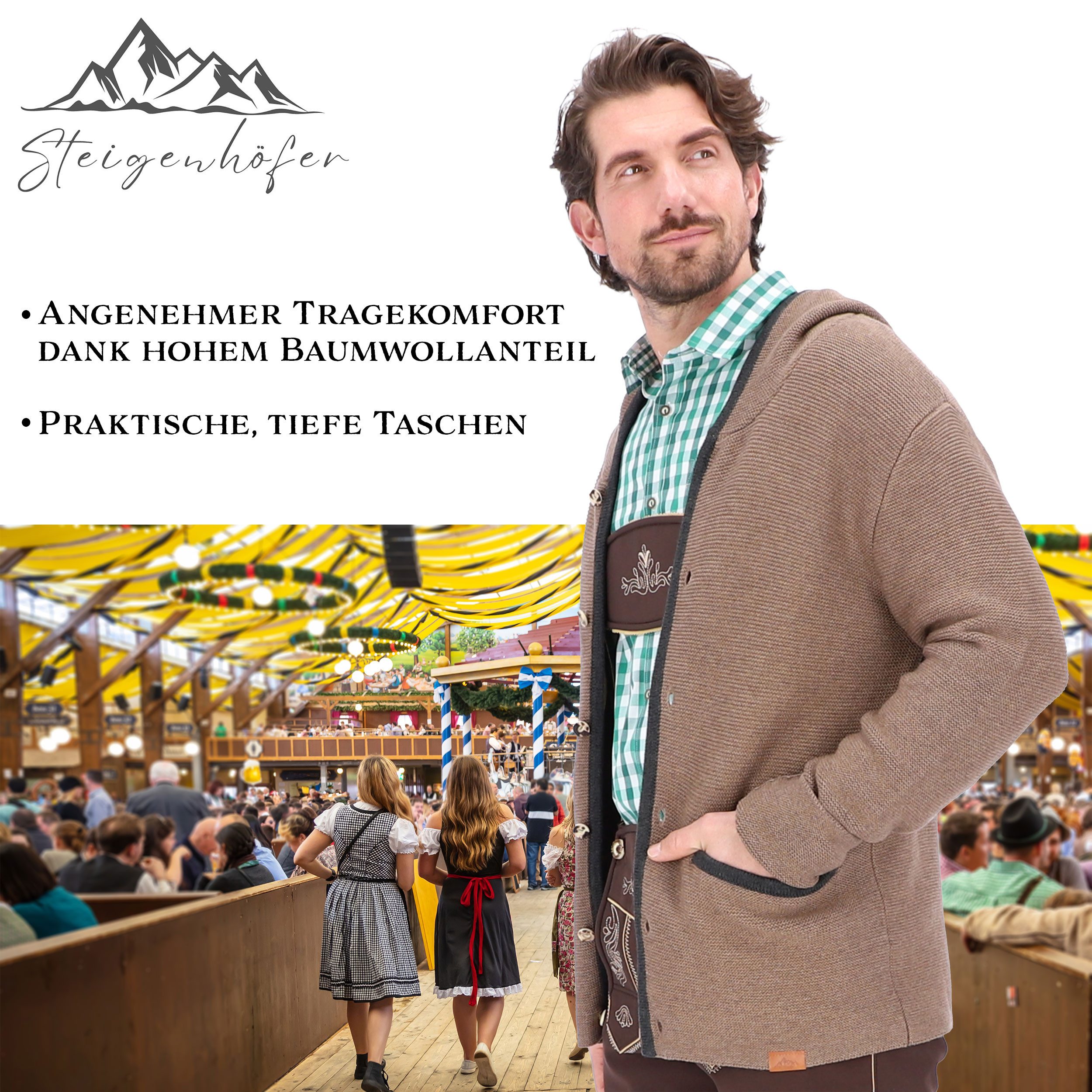 Steigenhöfer Manufaktur Trachtenstrickjacke MAX Cardigan für Männer mit Kapuze Oktoberfest Outfit Hornoptik Knöpfe