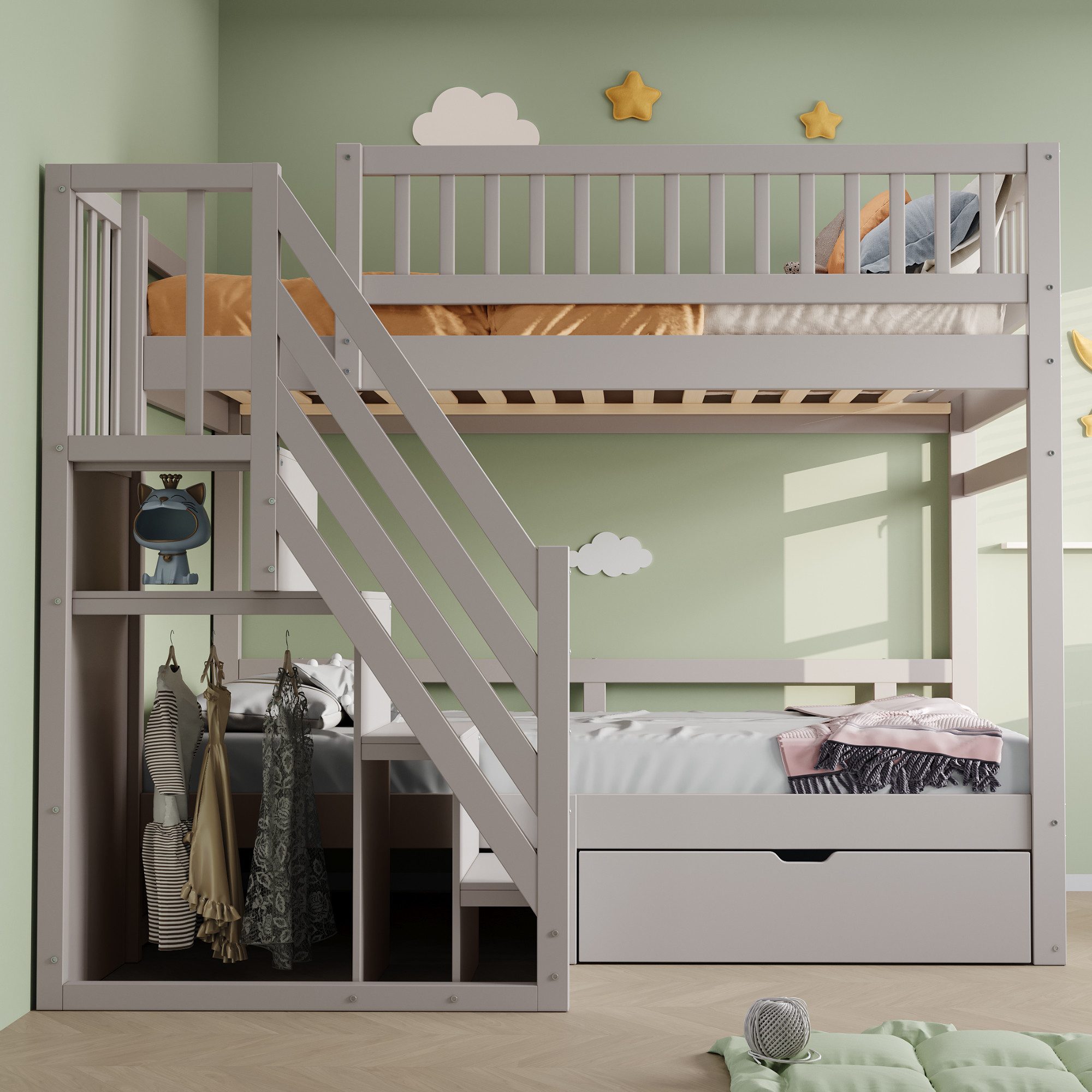 Merax Etagenbett (1-St., Hochbett Stockbett mit Sicherheitszaun), Massivholzbett Kinderbett 90x200cm mit Stauraumtreppe und Schublade