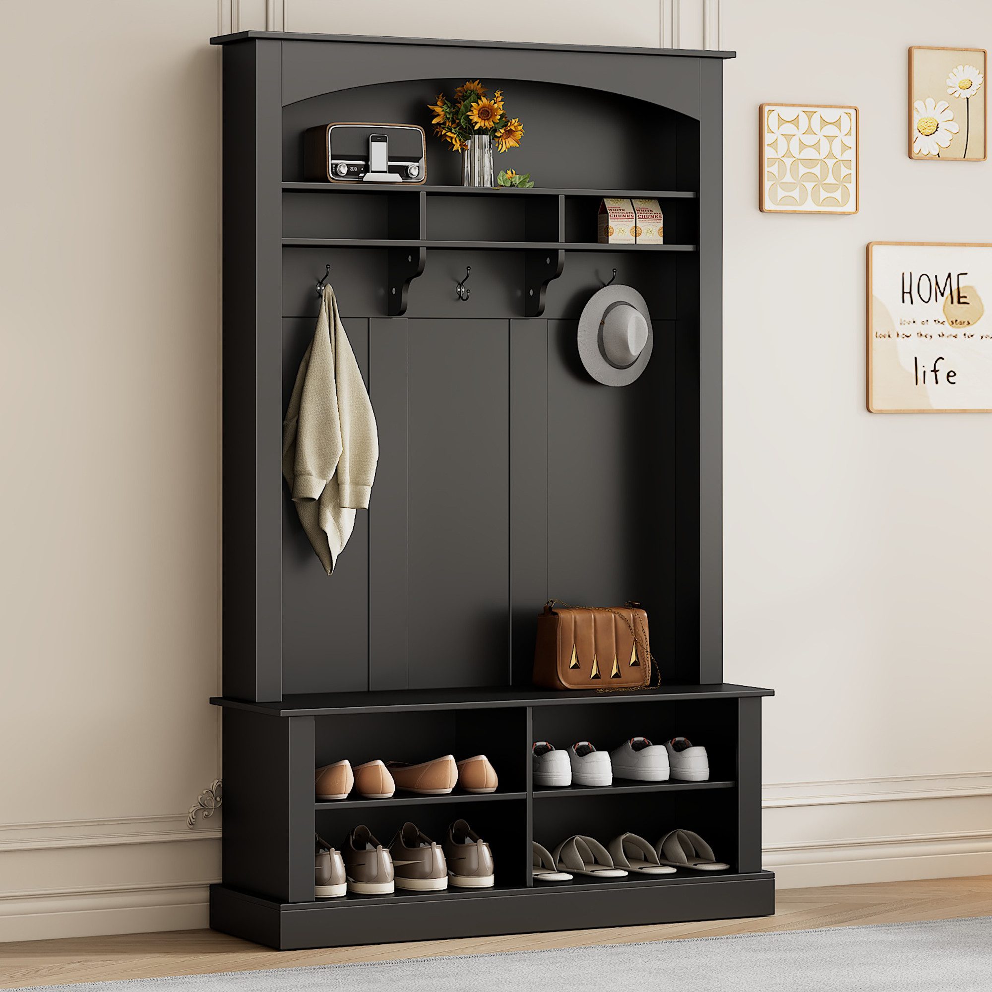 Refined Living Garderoben-Set mit Bank und Schuhablage, Garderobe mit Haken, Aufbewahrungsbank, (H190/B120/T40 cm, multifunktionale Aufbewahrungsbank mit 3 hängenden Haken & offenem Stauraum, Schuhbank, Flurmöbel, Eingangsbereich Möbel, Flurgarderobe, 1-St., Flur-Schuhschrank, Verstellbare Einlegeböden, Robuste Konstruktion), rechteckige Aufbewahrung & Regale Garderobe für Flur, Eingangsbereich