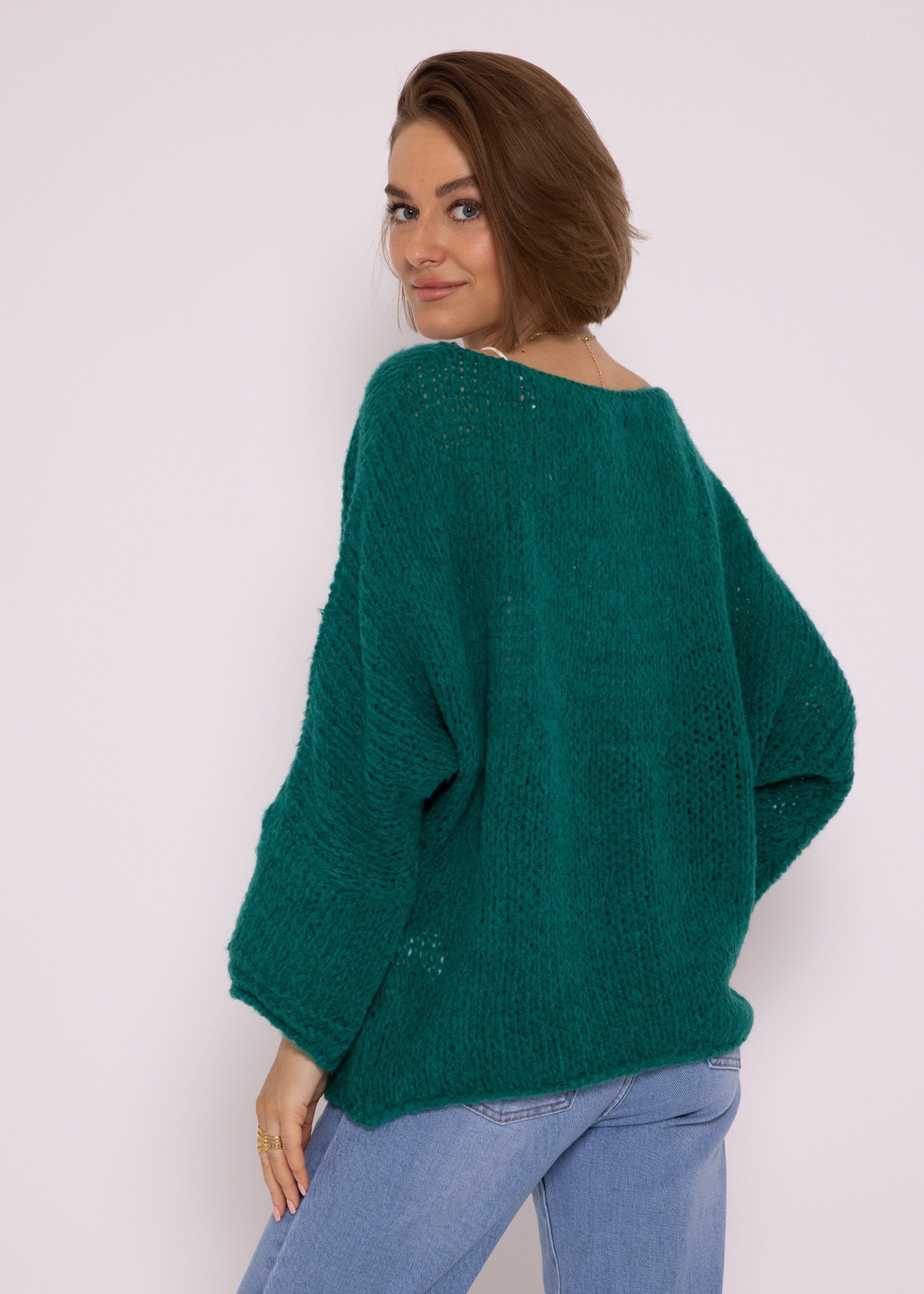 SASSYCLASSY Strickpullover Oversize Pullover aus Damen Italy weichem Strickpullover Lässiger in lang Rundhals-Ausschnitt, Grün Made Grobstrick mit
