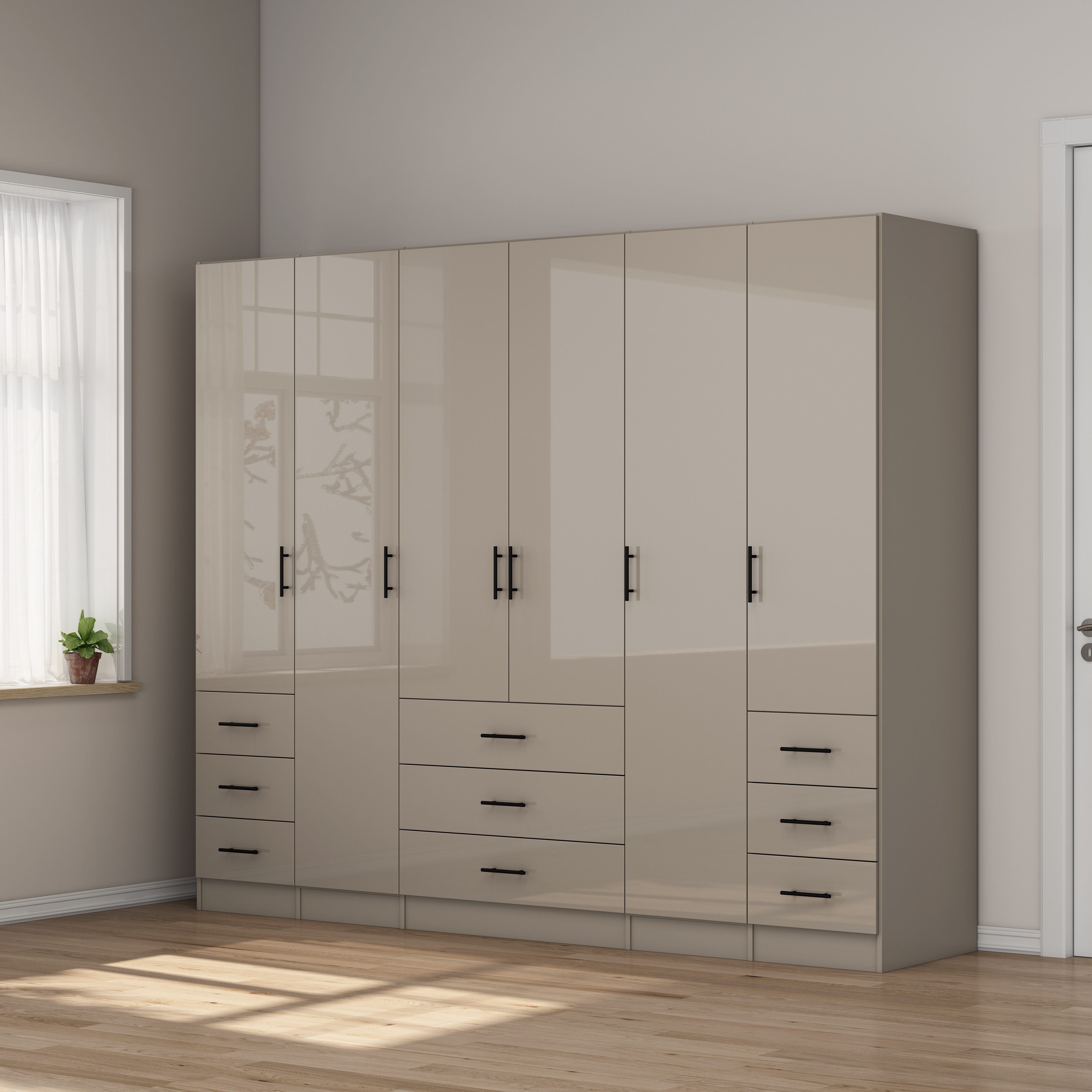 OTTO home Kleiderschrank Trento Schlafzimmerschrank Garderobe hochglanz (in 2 unterschiedlichen Schrankhöhen wählbar) Schrank mit 6 Türen und 9 Schubladen, Hochglanz-Fronten, 2,0 m Höhe