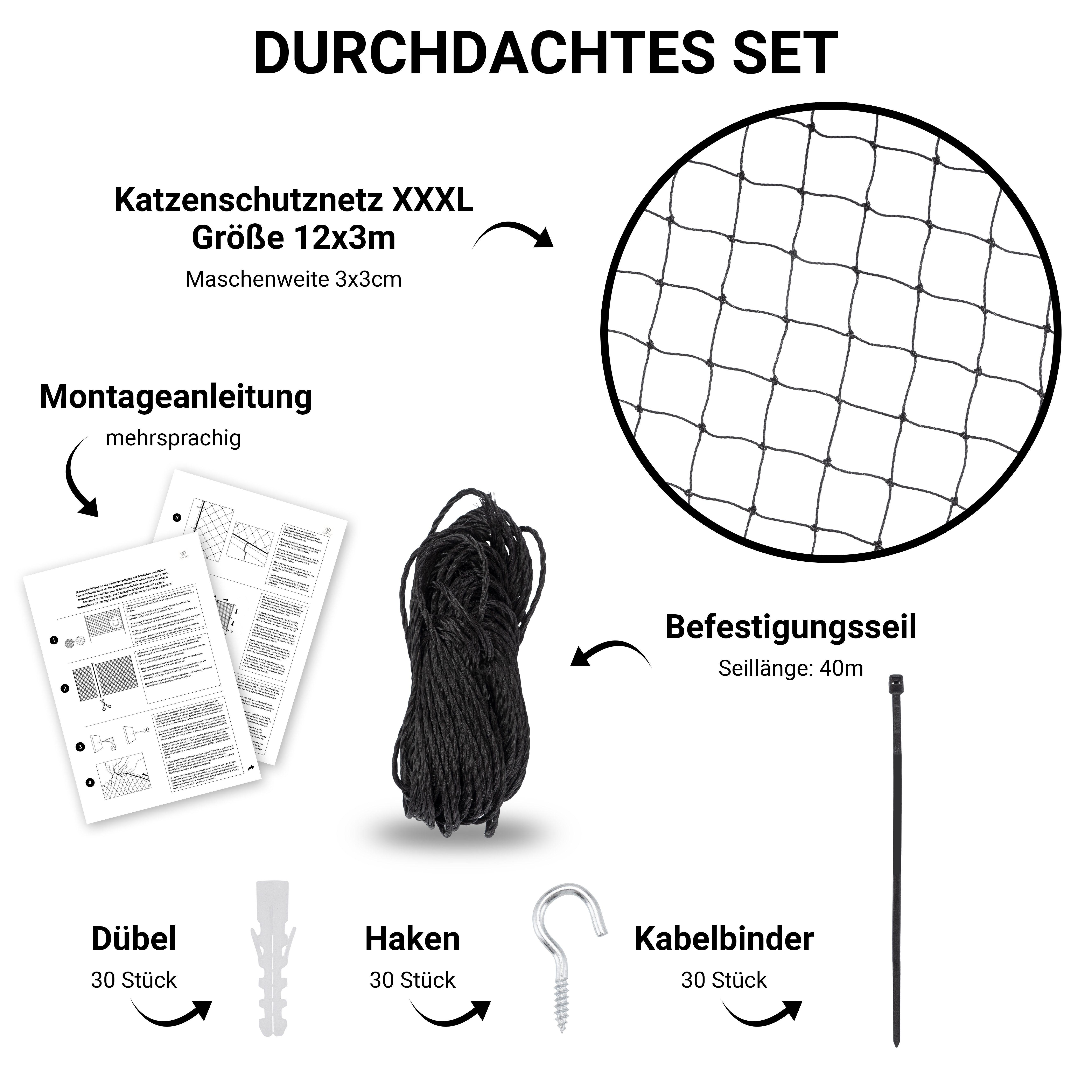 FinoPet Schutznetz Katzennetz für Balkon transparent inkl. Befestigungsmaterial, BxL: 12x3 m, (Balkon, Katzennetz, Katzen, bohren, Netz, Teleskopstange, Stange, Größe 12 x 3 Meter)
