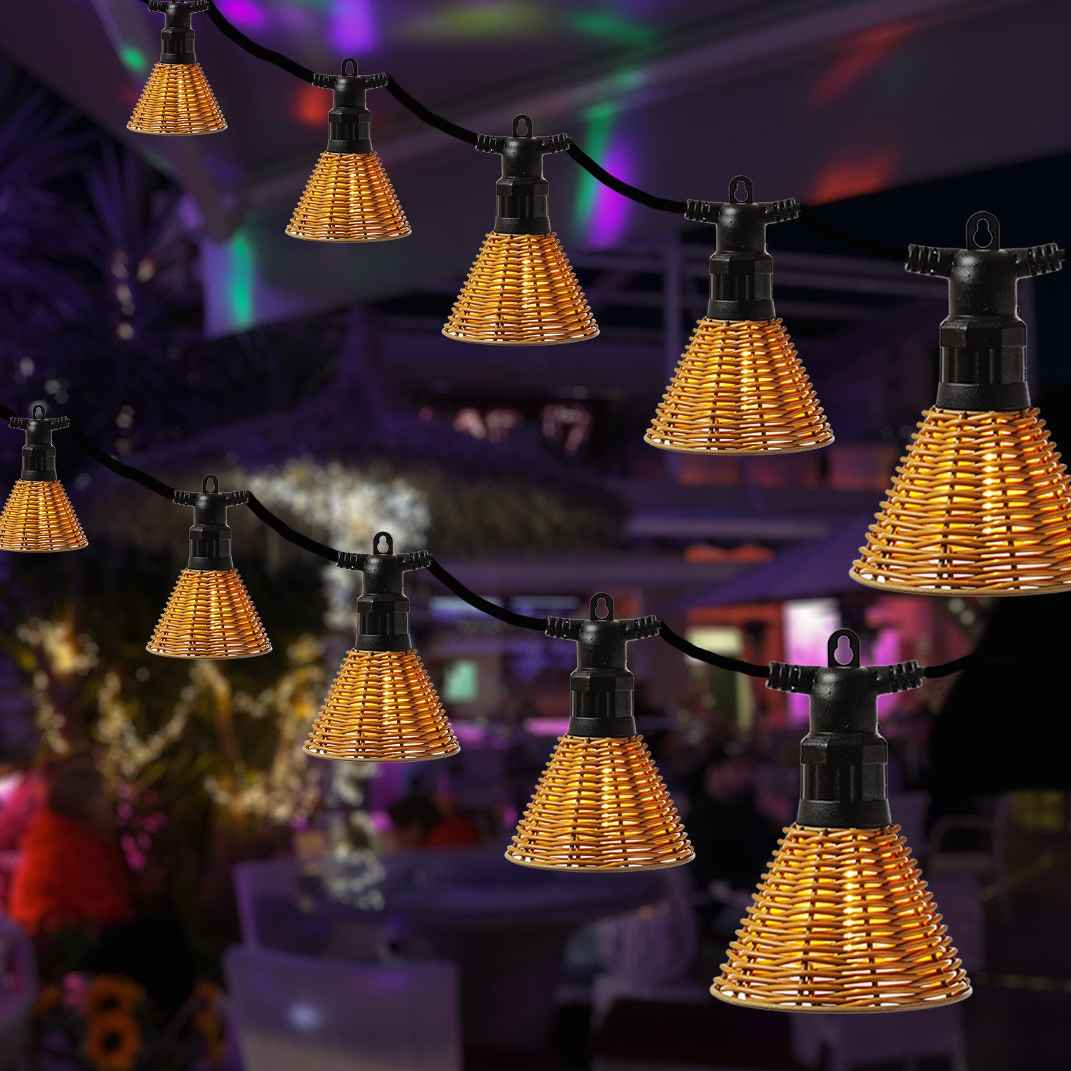 MARELIDA LED-Lichterkette Lampenschirme Party Deko Boho Korboptik Garten Balkon koppelbar 4,5m, 10-flammig