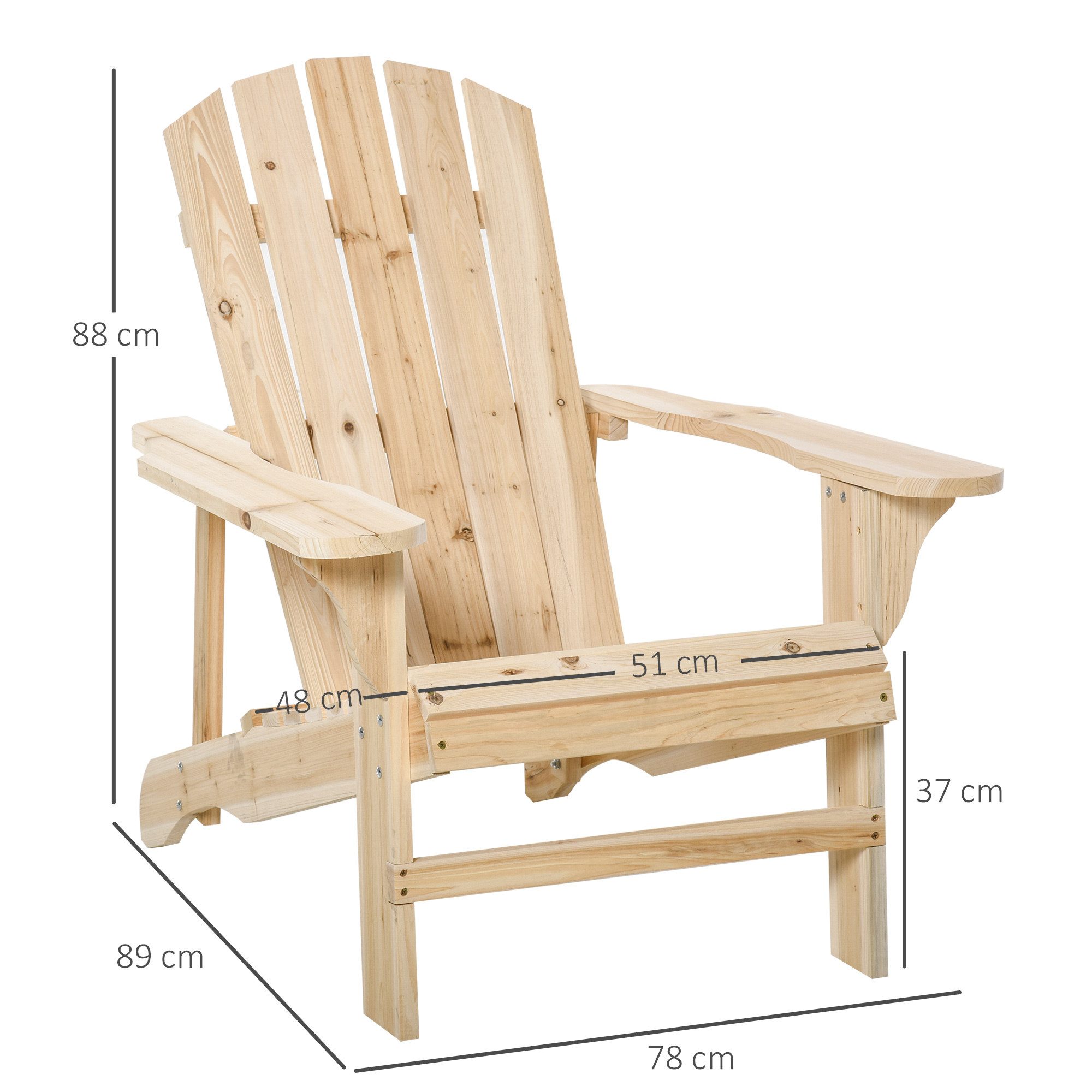 Outsunny Gartenstuhl Adirondack Chair aus Holz Outdoor mit Hoher Rückenlehne (Adirondack Stuhl, 1 St), für Garten, Terrasse Balkon 78 x 89 x 88 cm Naturholz