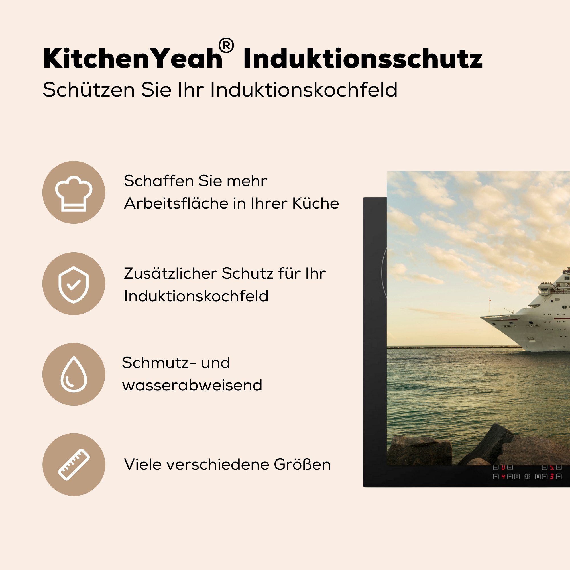 MuchoWow Herdblende-/Abdeckplatte küche für Kreuzfahrtschiff - (1 cm, Arbeitsplatte Ceranfeldabdeckung, Sonne Meer, 78x78 Vinyl, - tlg)