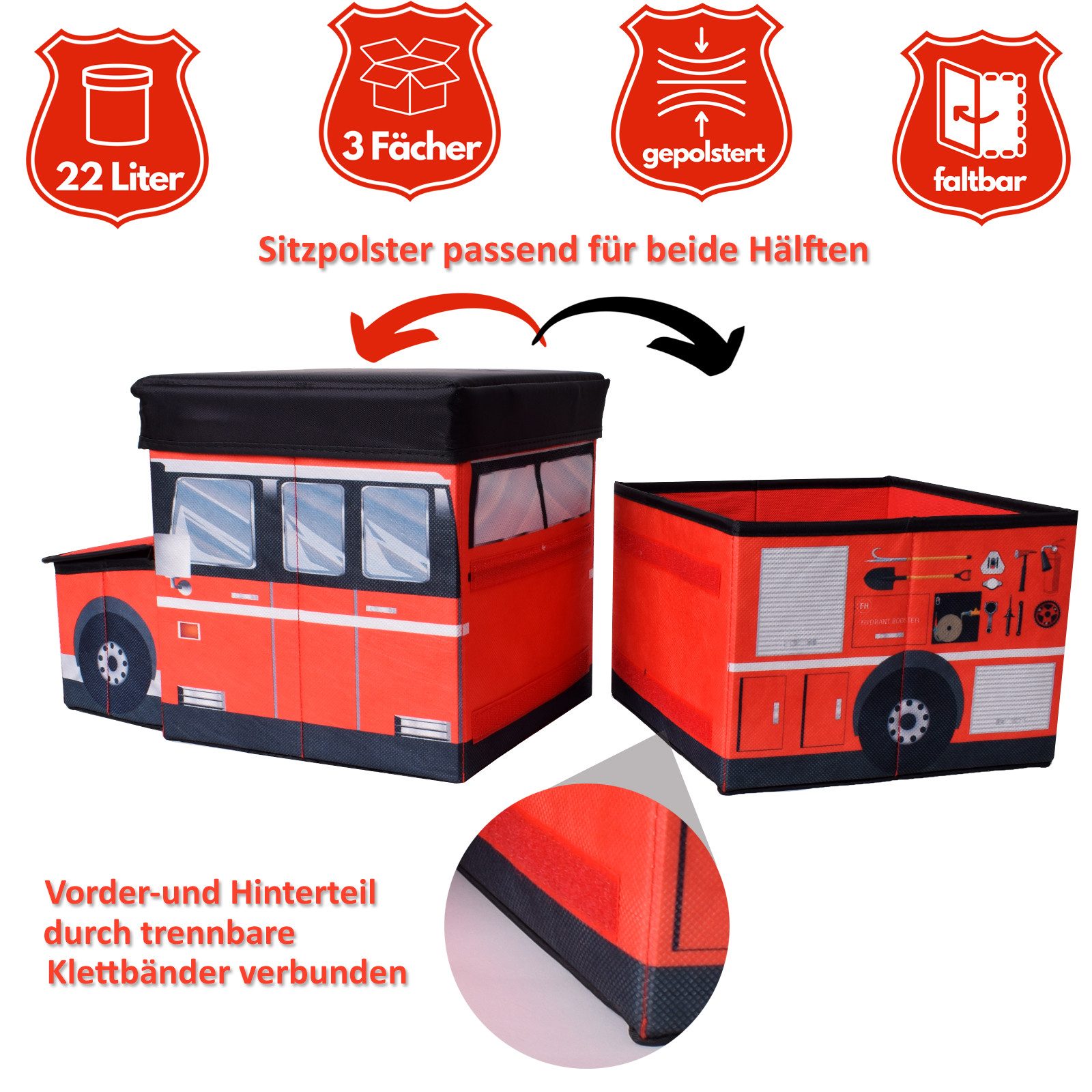 TE-Trend Spielzeugtruhe Aufbewahrungsbox Feuerwehrauto Box mit Hocker (1 St), faltbar mit 3 Fächern