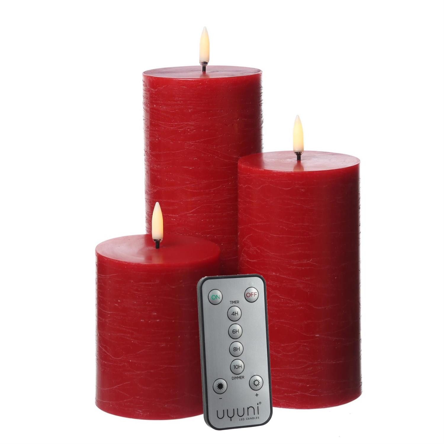 UYUNI Lighting LED-Kerze LED Kerzenset PIA Uyuni Rustik-Optik 3 Größen rot mit Batterien Fernb. (3-tlg)