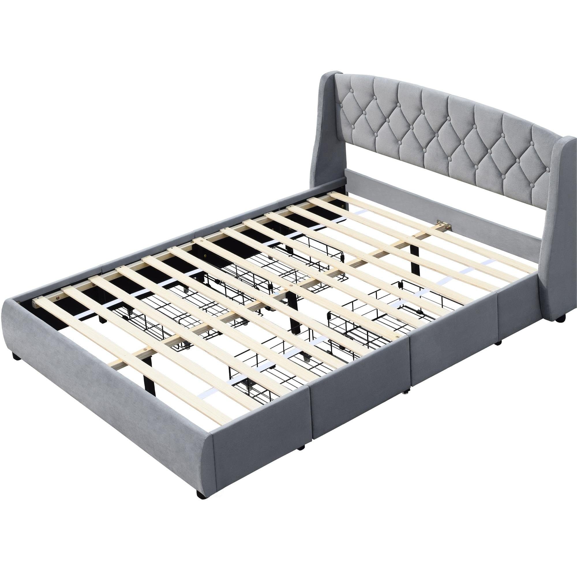 Polsterbett (Polsterbett, 140 x 200 cm Doppelbett mit Lattenrost und 4 Schubladen), Holzbett inkl. Kopfteil mit Rautensteppung, Bezug aus Samtstoff