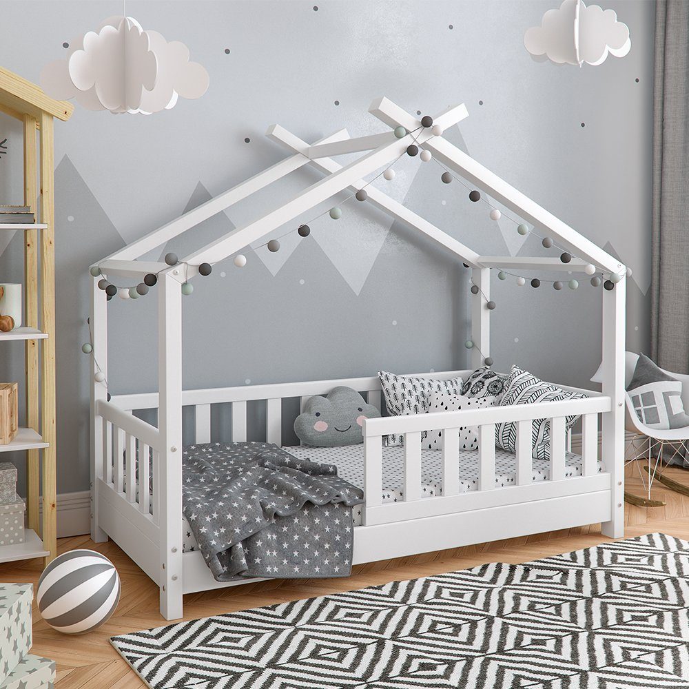 VitaliSpa® Kinderbett Kinderhausbett mit Zaun DESIGN Weiß