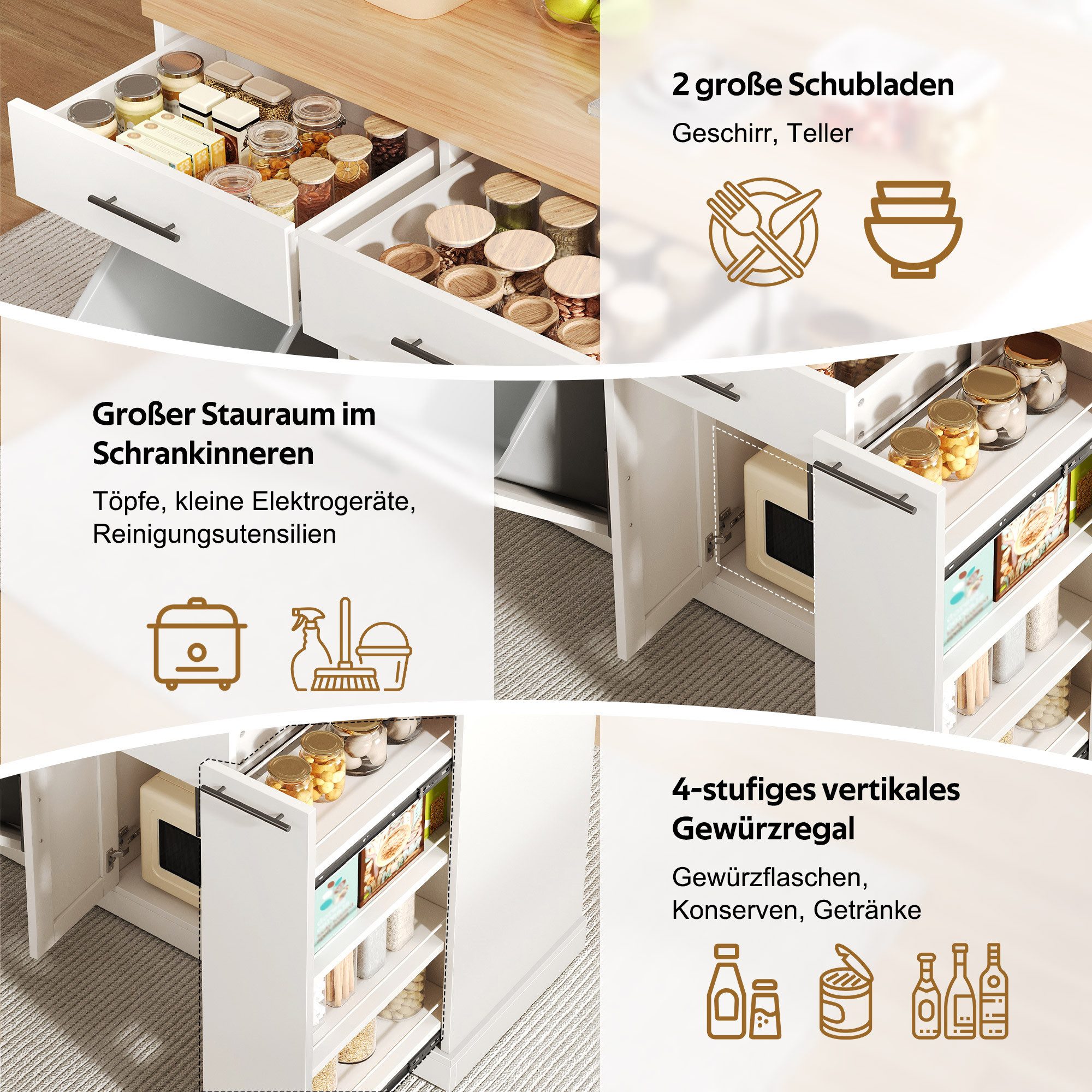 BlingBin Küchenwagen Kücheninsel auf Rollen mit klappbarer Arbeitsplatte,mit Müllschrank, (1 Stück, 1 St., 120 × 45 (70) × 93 cm), mit 4-stufigem Gewürzregal, 2 Schubladen und feststellbaren Rollen