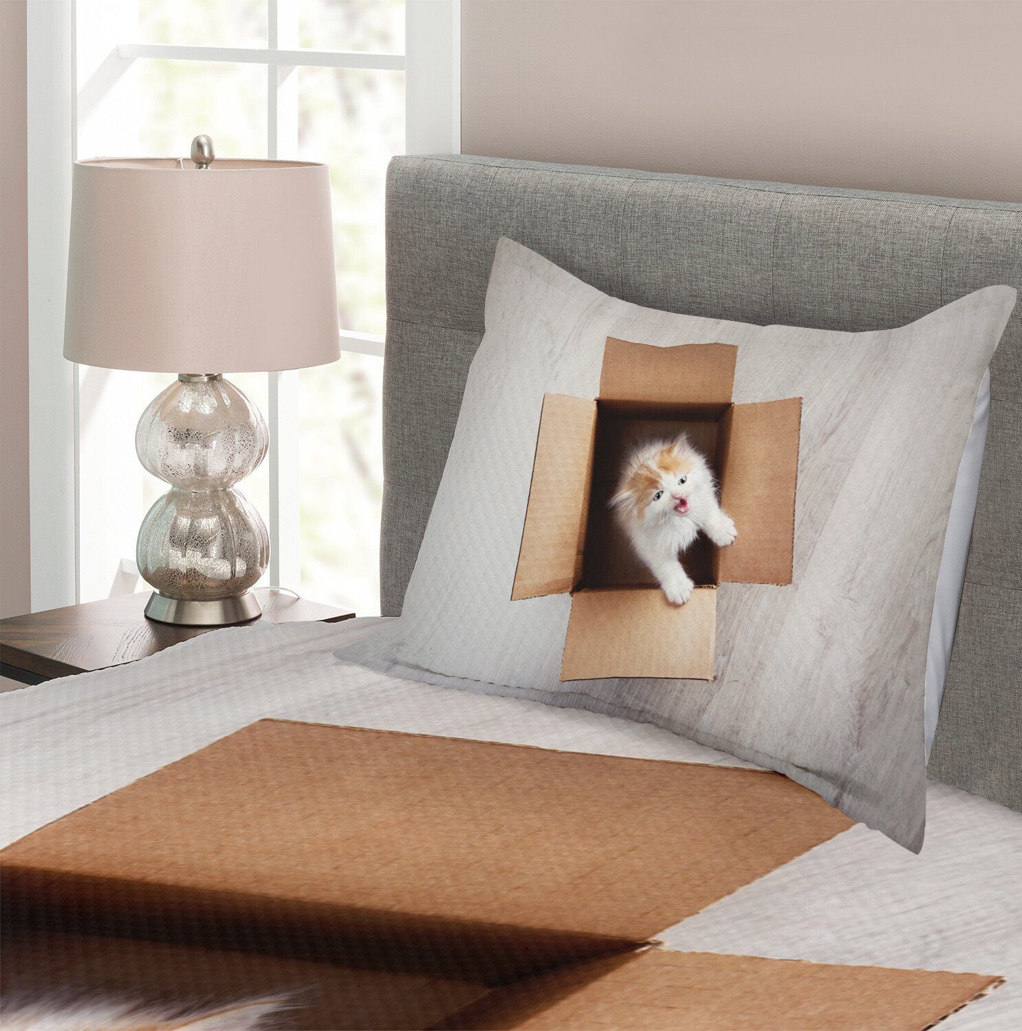 Tagesdecke Set mit Karton einem Kätzchen Waschbar, Kissenbezügen Katze Abakuhaus, in