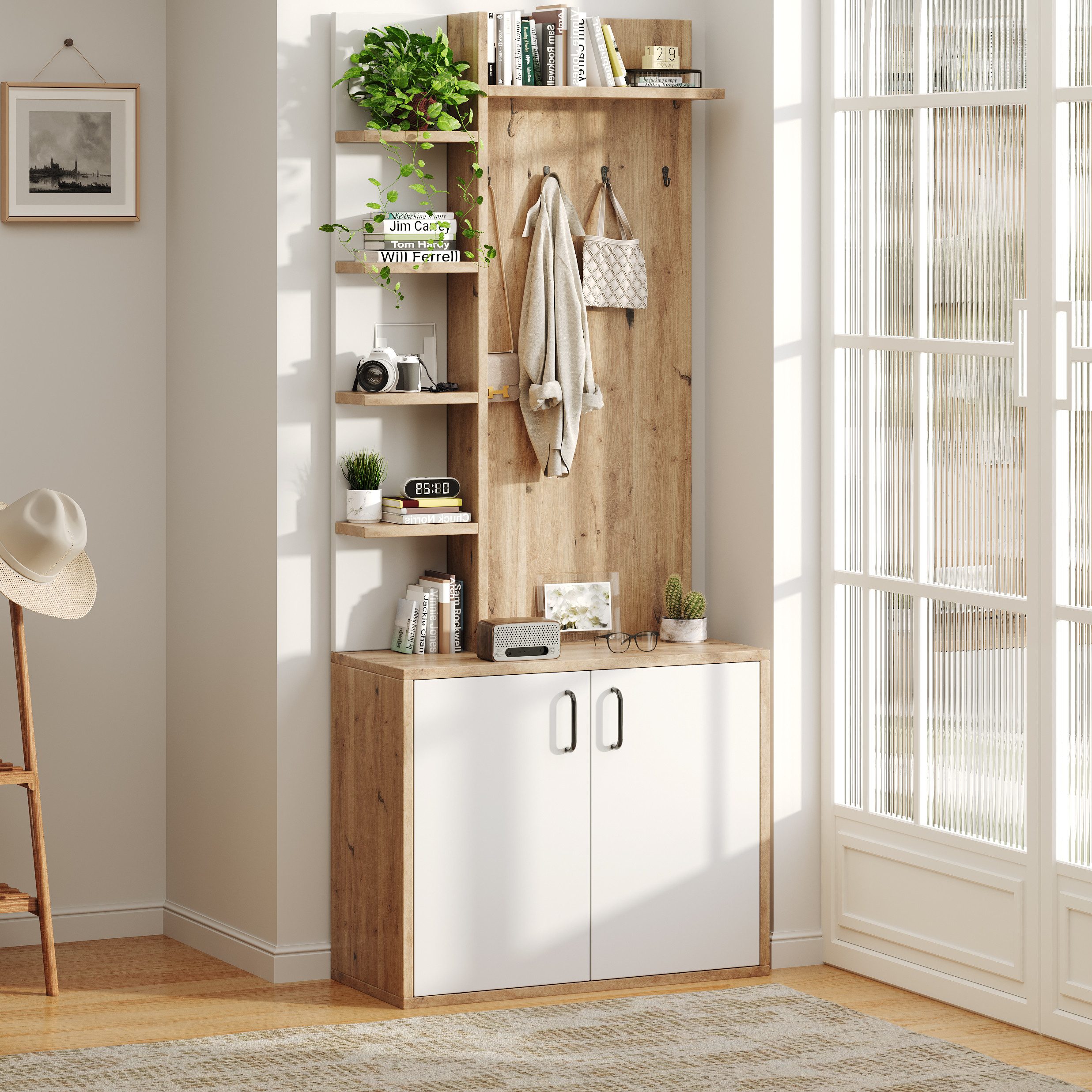 Merax Garderoben-Set Garderobenständer in Holz-Weiß, (für kleine Eingänge & Foyers, 1-St., 75x33x180 cm), Flurschrank mit 6 offenen Ablagen & geschlossenem Doppeltür-Schrank