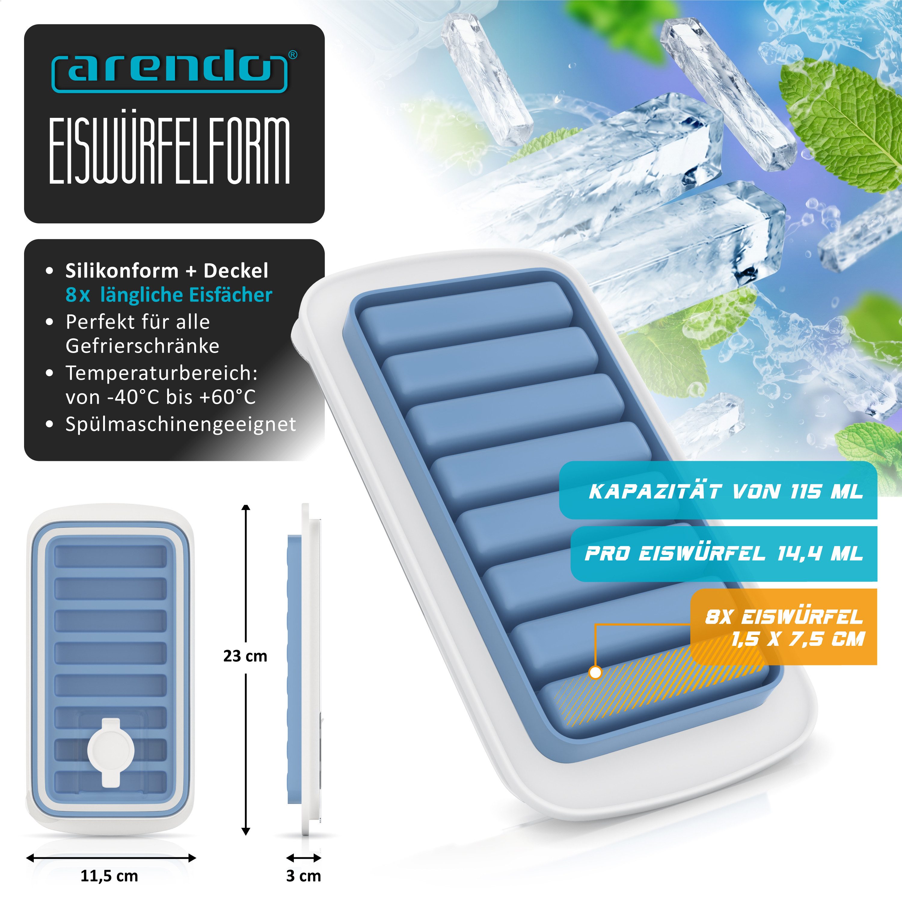 Arendo Eiswürfelform Silikon 115ml, 8 Eiswürfel, spülmaschinengeeignet, stapelbar, (1-tlg), Länglich, Deckel mit Einfüllöffnung, leichtes Herauslösen, BPA-frei