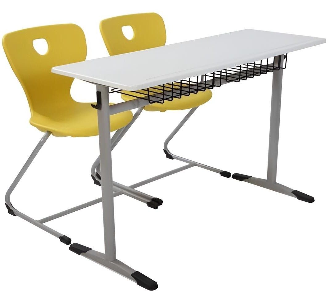 Xlmoebel Schreibtisch Ergonomisches Schulset in Grau mit gelbem Doppelsitzstuhl (Schulset, 3-St., Schulset 1 Tisch, 2 Stühle), Made in Europa
