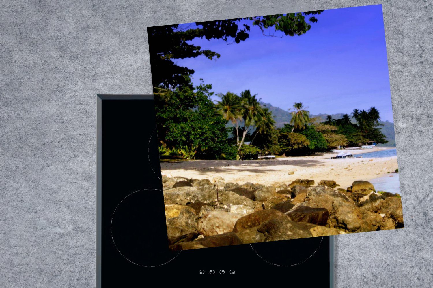 am (1 Herdblende-/Abdeckplatte tlg), Steine Bäume Strand 78x78 für Arbeitsplatte Ceranfeldabdeckung, und Vinyl, küche cm, MuchoWow Mo'orea, von