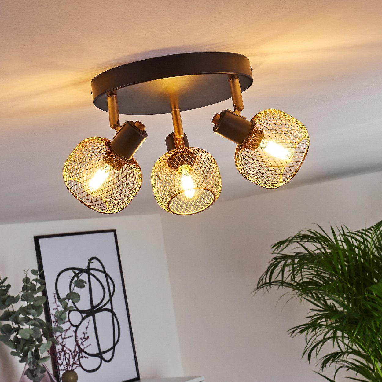 3xE14 Leuchtenköpfe, Leuchtmittel, aus Metall runde mit Zimmerlampe schwarz/goldfarben, in »Lesa« hofstein Zimmerlampe verstellbaren Deckenleuchte ohne