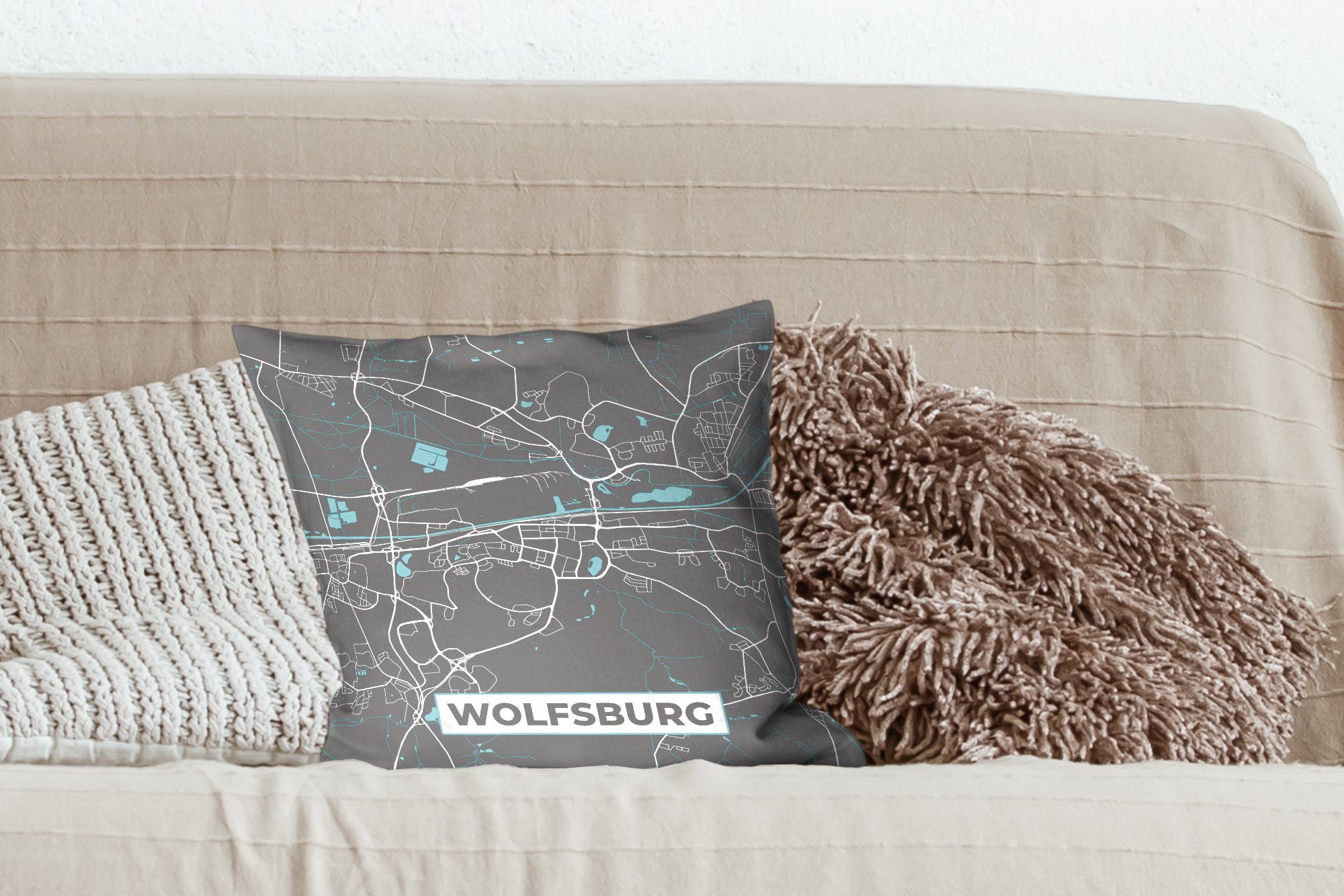 Blau Wohzimmer, MuchoWow mit Karte Dekokissen - Zierkissen - - Stadtplan - Schlafzimmer, Wolfsburg, Deko, für Deutschland Füllung Sofakissen