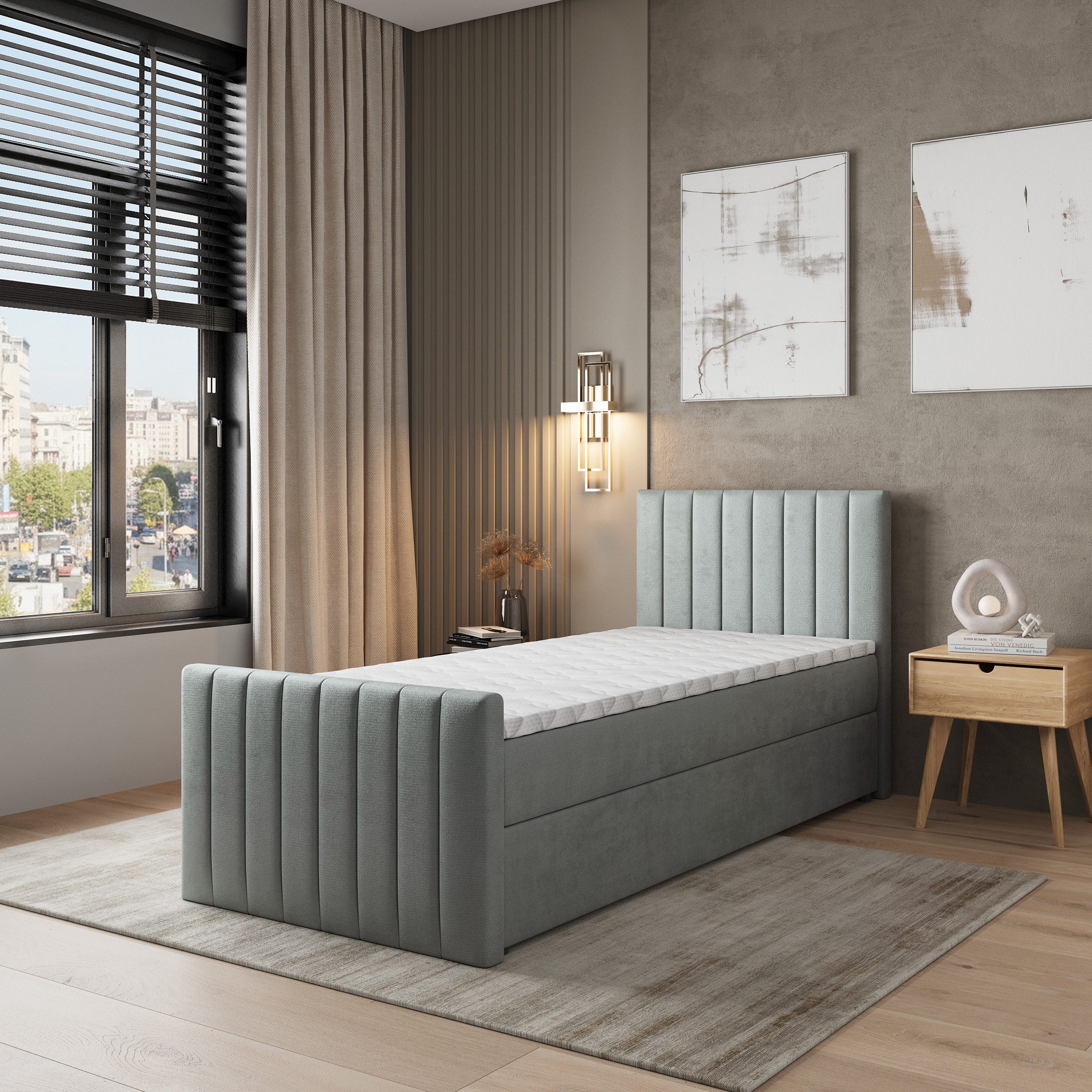 Masseno Boxbett ARION 90x200 cm mit Bonell Matratze und Topper, Einzelbett, Jugendbett, Polsterbett mit Kopfteil, Boxspringbett