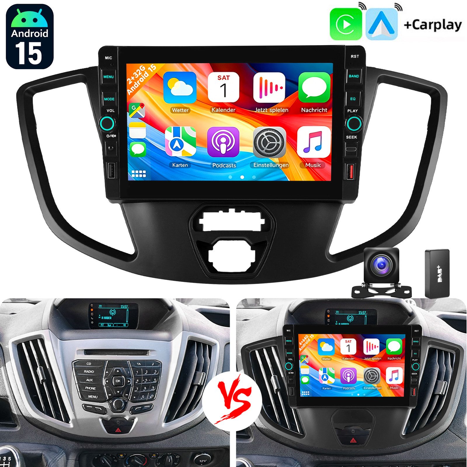 ESSGOO Für Ford Transit 15-19 Android 15 Autoradio GPS Navi Carplay BT USB FM Autoradio (RDS, 4+64GB(optional), Digitalradio (DAB), FM)