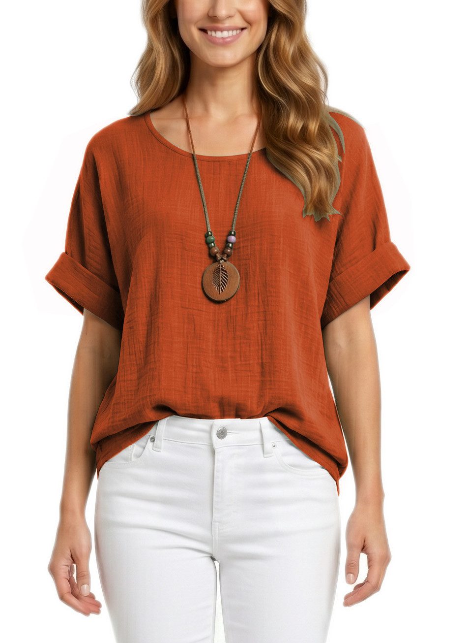dy_mode Kurzarmbluse Damen Kurzarm Bluse Leichte Sommer Tunika Baumwollbluse Oberteil in Unifarbe, mit passende Kette