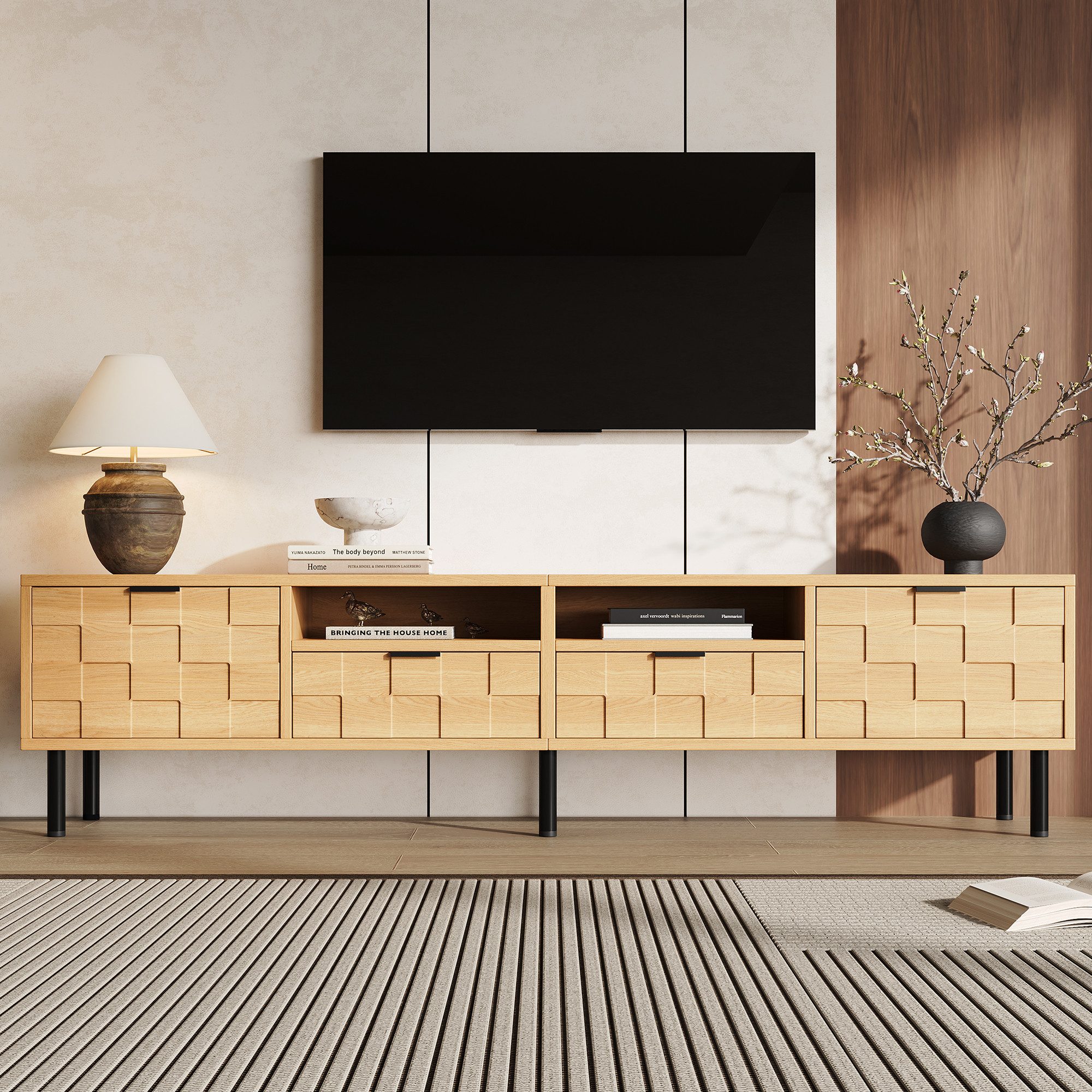 Lowboard TV-Schrank 200 cm mit 2 Türen, 2 Schubladen und 3D-Relieffront