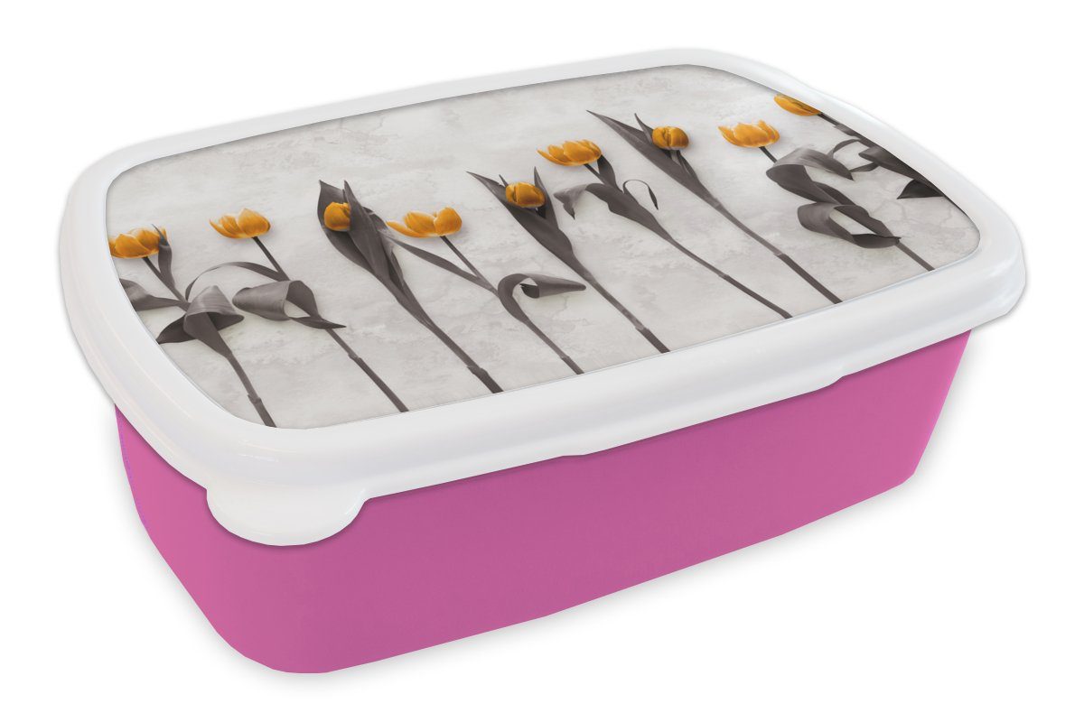 MuchoWow Lunchbox Blumen - Tulpen - Marmor, Kunststoff, (2-tlg), Brotbox für Erwachsene, Brotdose Kinder, Snackbox, Mädchen, Kunststoff rosa
