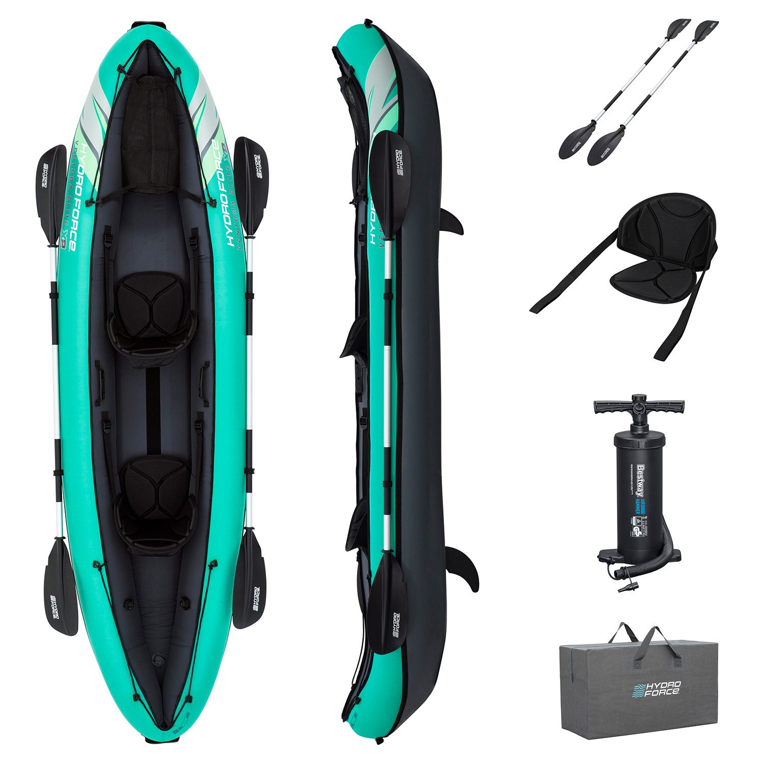 Bestway Zweierkajak Hydro Force® Ventura Elite™ X2, (Set, -, Inkl. Pumpe, Paddel, Ausrüstungstasche, Tragetasche), 330 x 86 x 48 cm