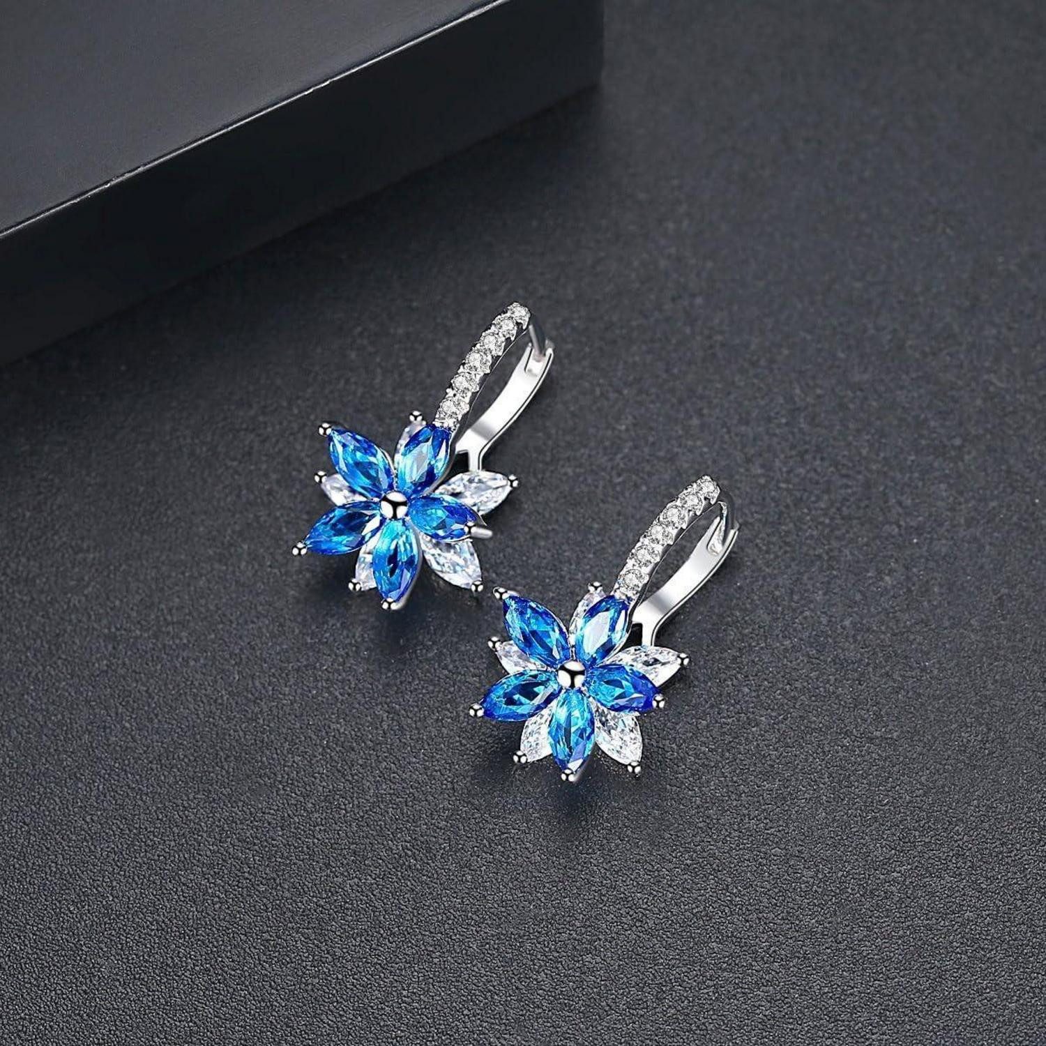 LuxusKollektion Klappcreolen Creolen Damen Huggie Klein Silber Zirkonia Blumen Blau