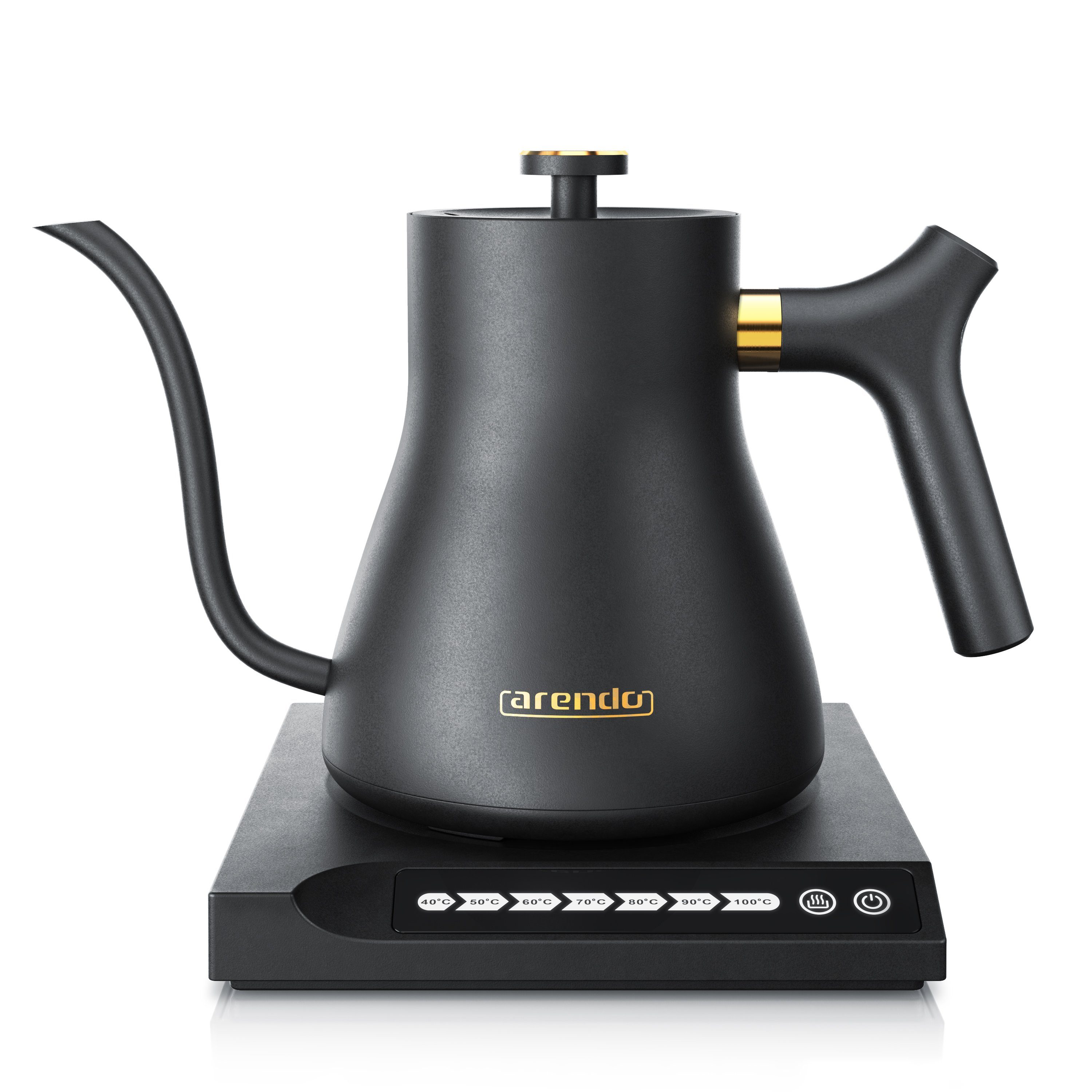Arendo Wasserkocher Edelstahl, Schwanenhals, mit Temperatureinstellung, Warmhaltefunktion, 0,5 l, 1000 W, Temperaturwahl 40° - 100°, 360° Basis, Retro Design, Sensortasten